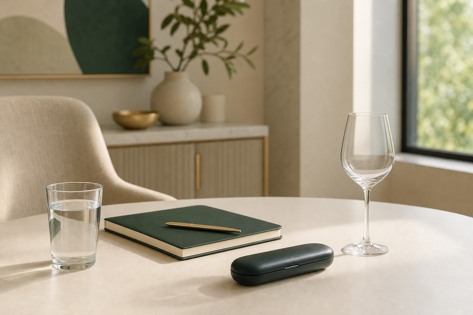 Water, a notebook, and an empty wine glass on a consultation table