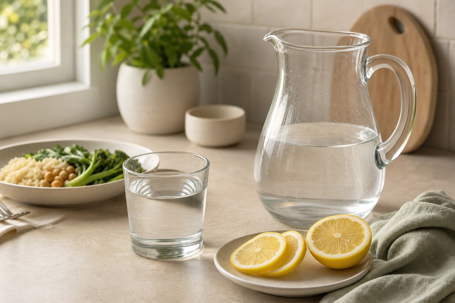 Water pitcher, glass, lemon, and a balanced meal on a kitchen counter