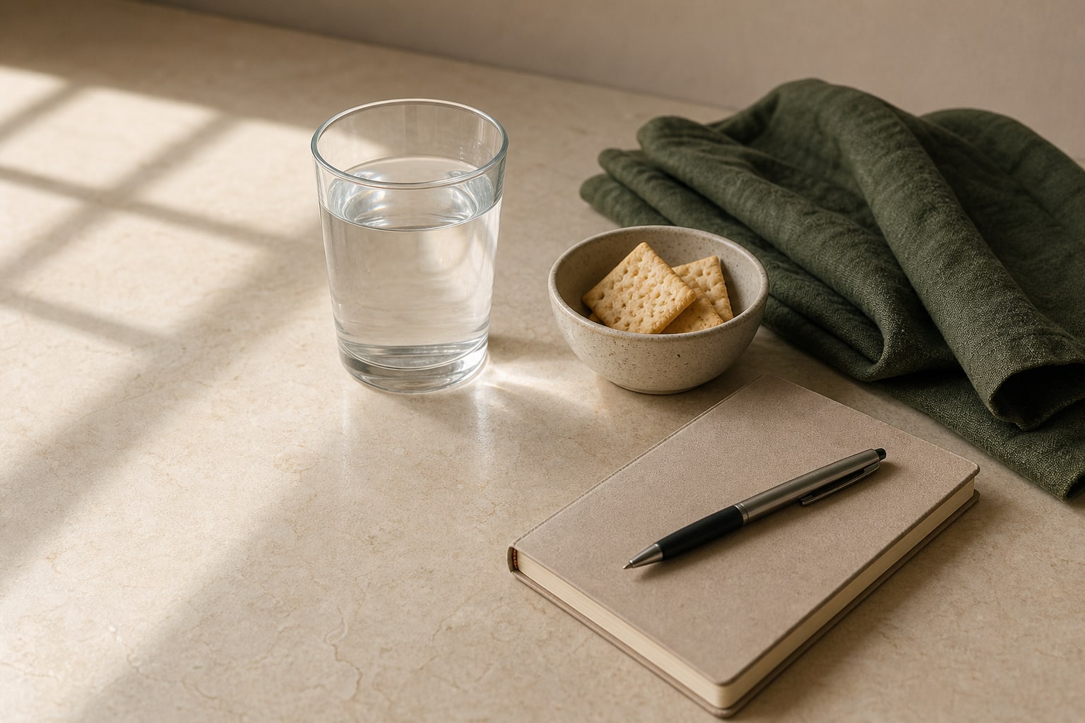 Glass of water, crackers, notebook, and green linen on a warm countertop