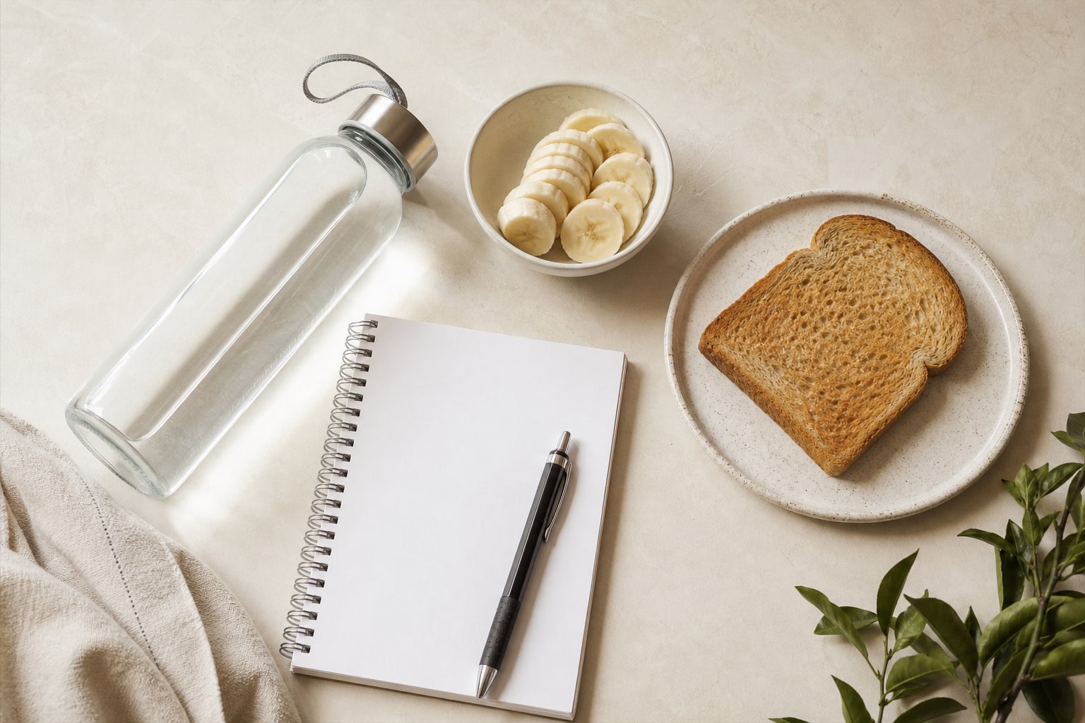 Water bottle, sliced banana, toast, and a blank notebook arranged on a light table