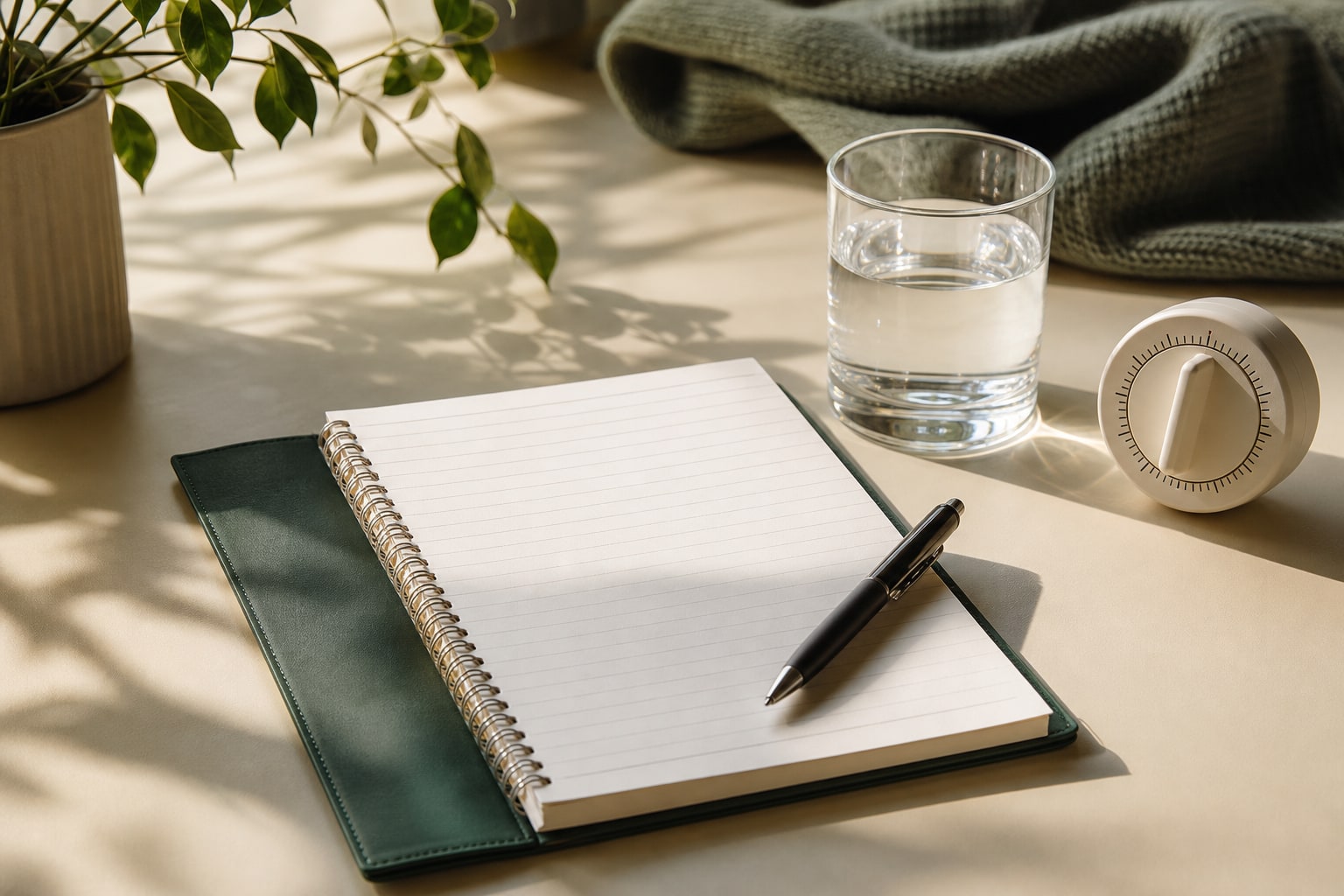 Blank notebook, water glass, timer, and pen on a warm desk