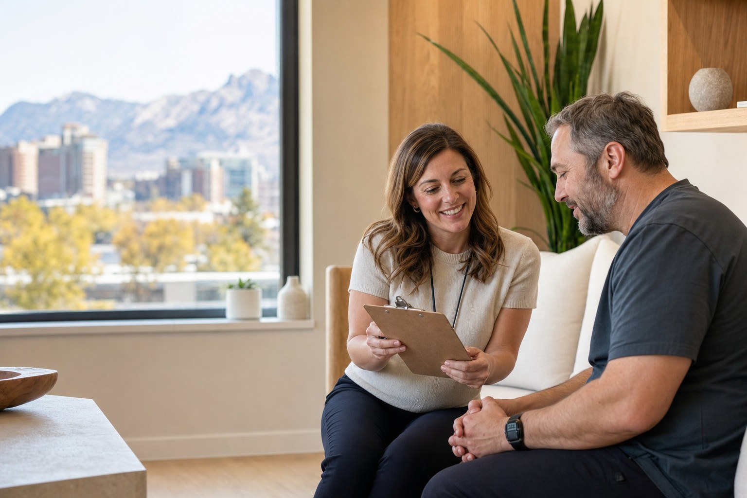 Illustrative image of two people reviewing a care plan