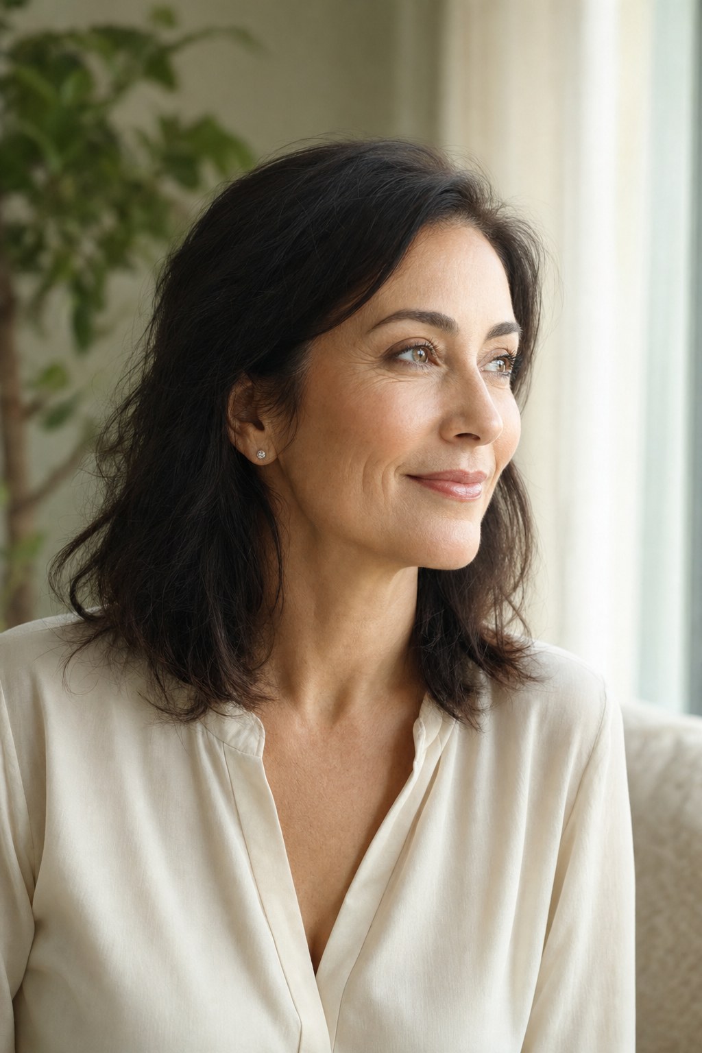 Woman in natural light smiling gently