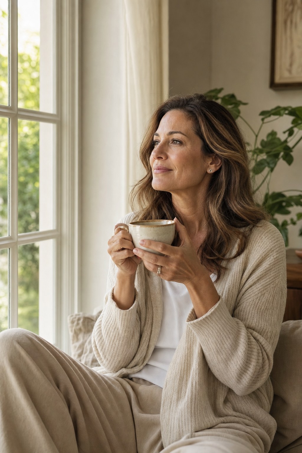 Woman relaxing with tea in a warm, sunlit room