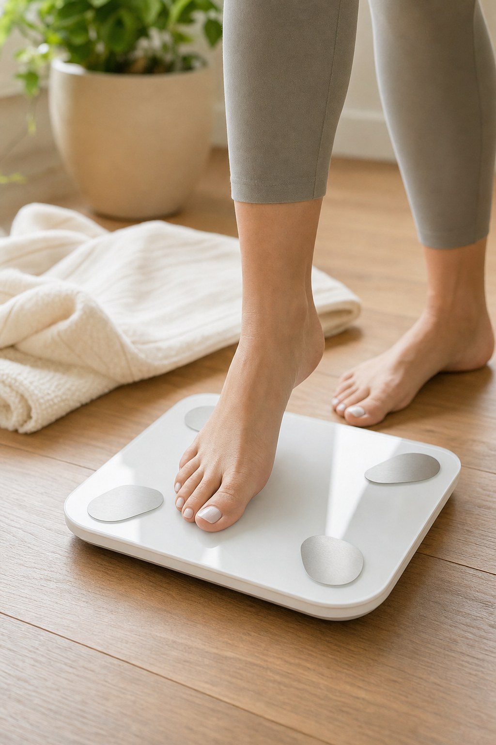 Person stepping onto a body composition scale