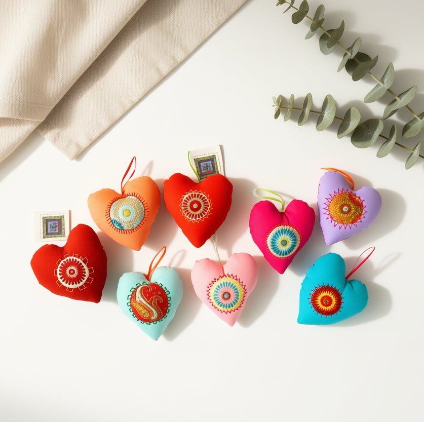 Set of three handmade stuffed fabric hearts