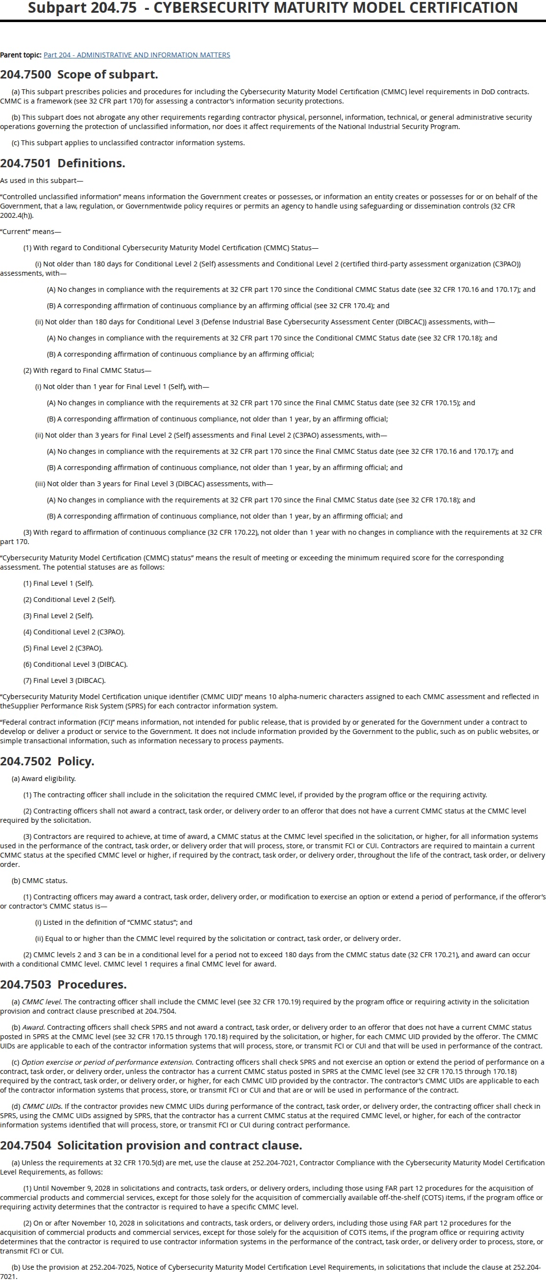 Official contract guidance describing Cybersecurity Maturity Model Certification requirements