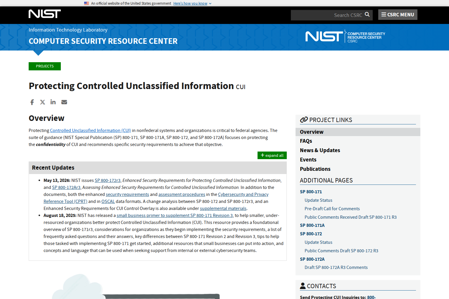 NIST resource page for protecting controlled unclassified information