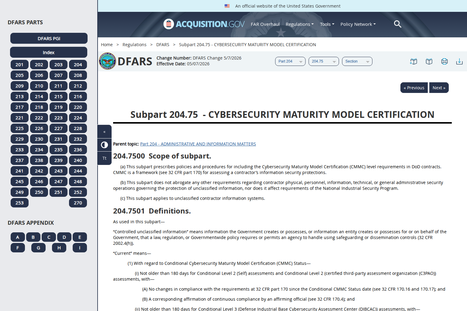 Official DFARS guidance describing the scope of Cybersecurity Maturity Model Certification requirements