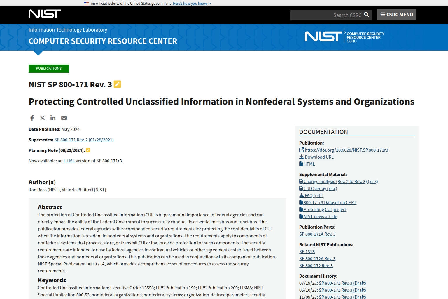 NIST SP 800-171 Rev. 3 publication for protecting controlled unclassified information