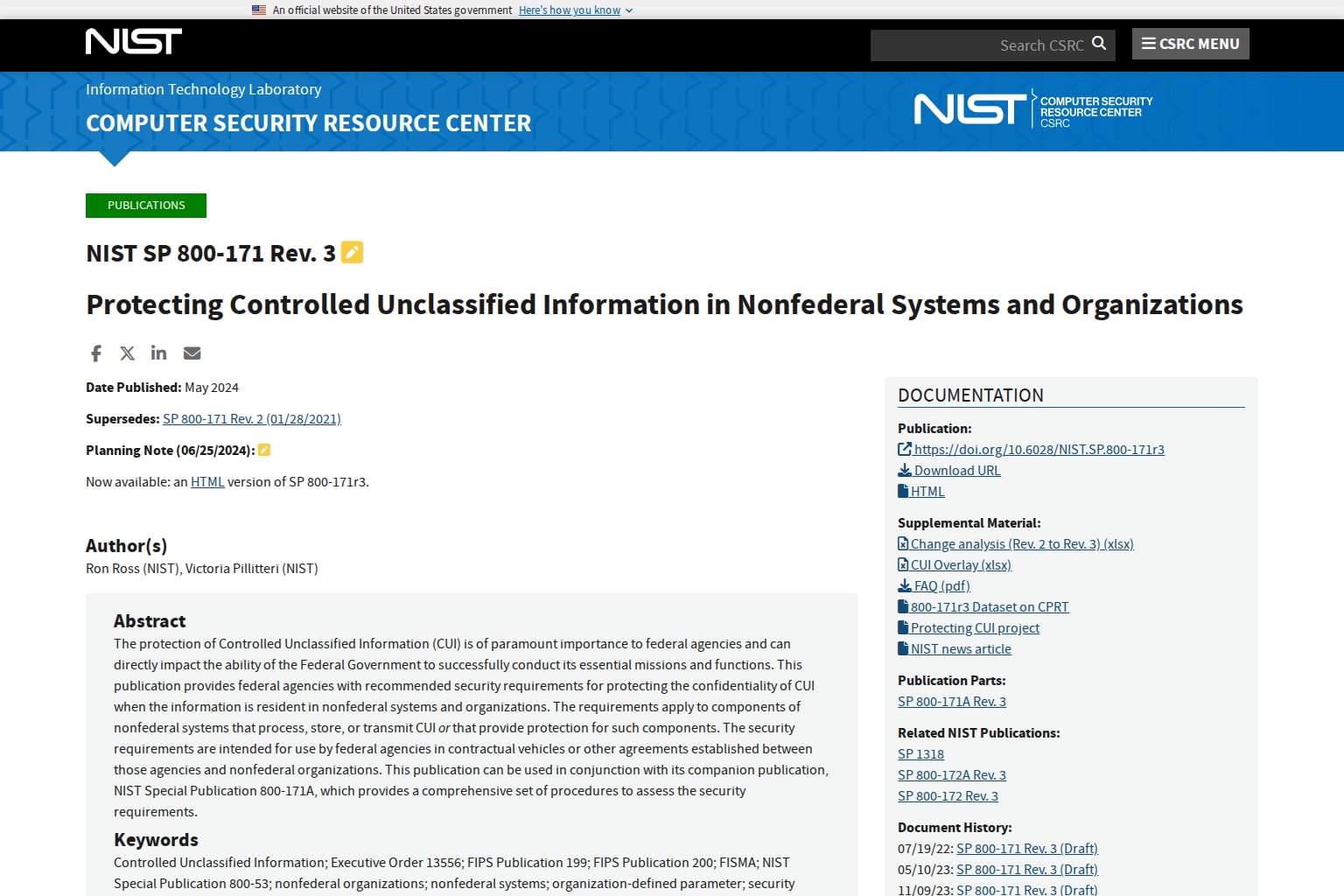 NIST publication on protecting controlled unclassified information in nonfederal systems