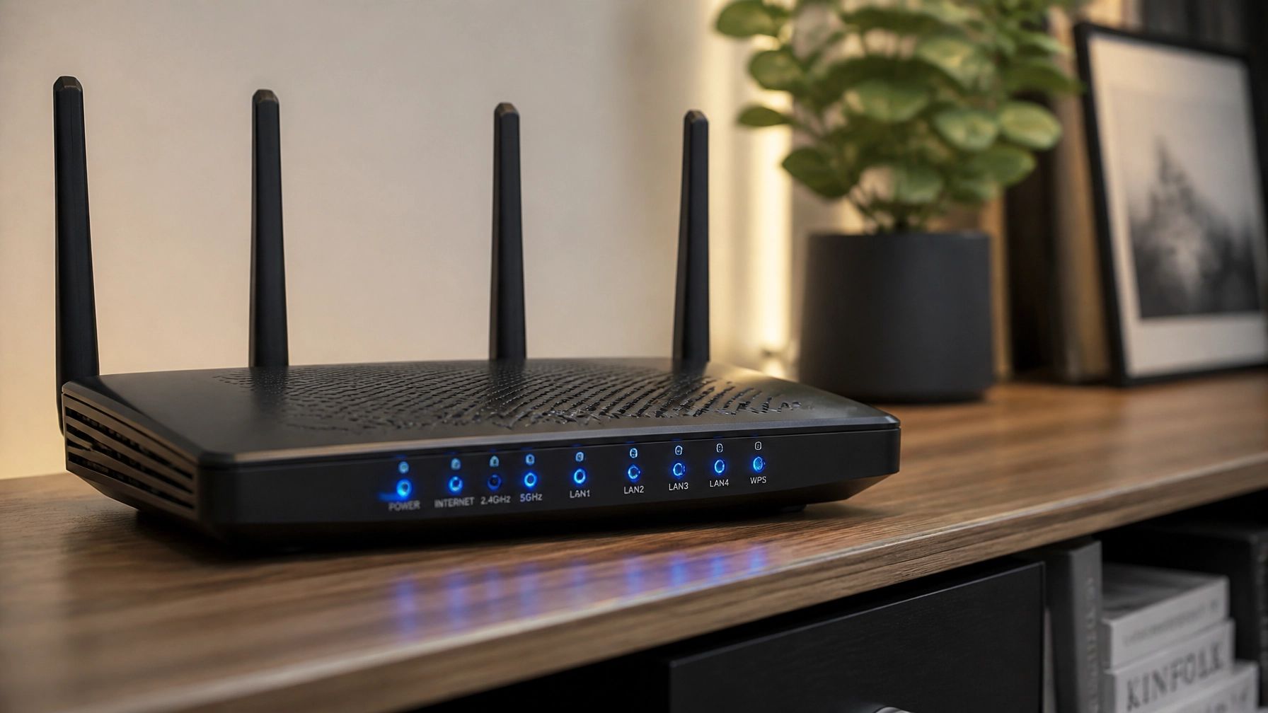Home Wi-Fi router on a console beside a plant