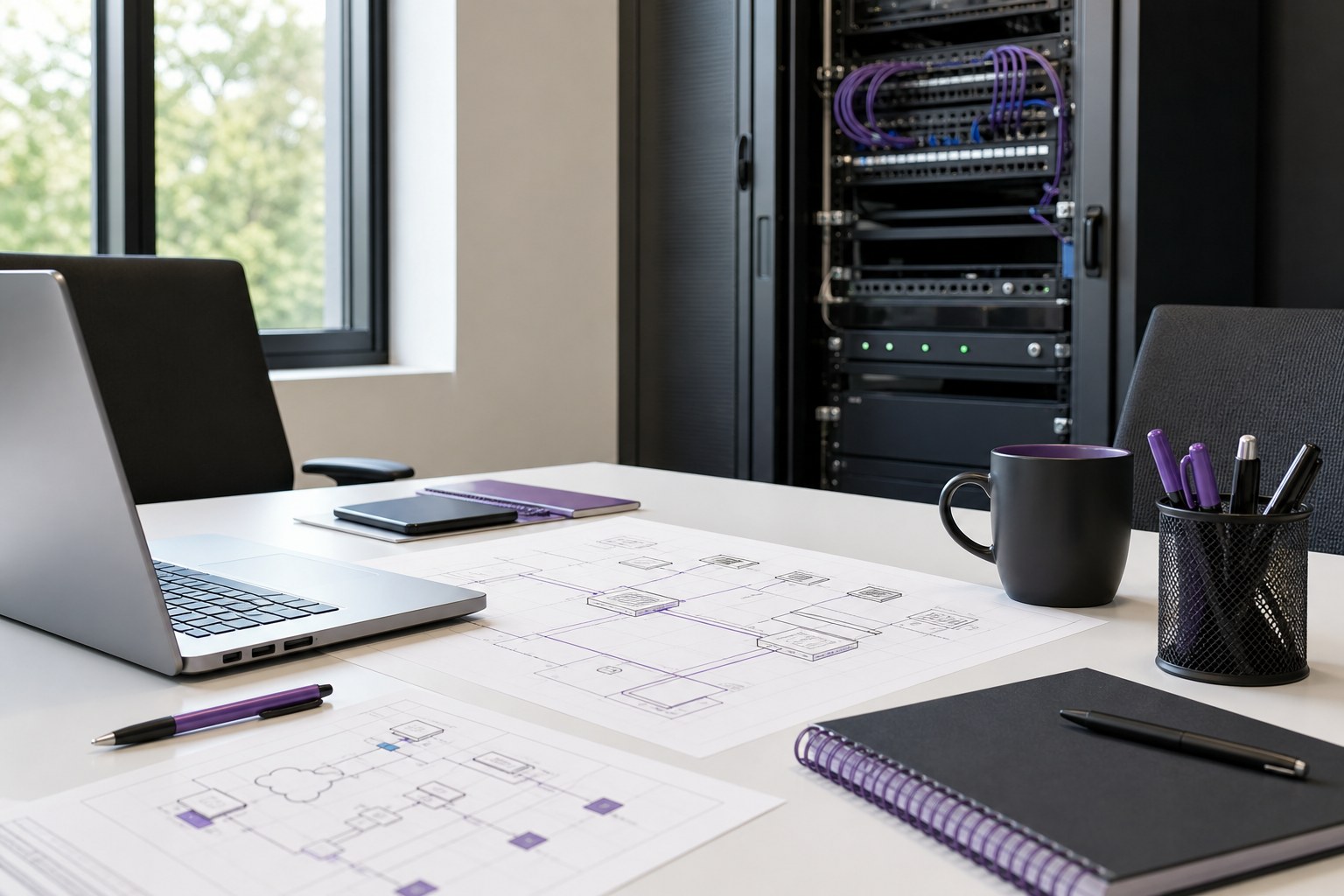 Technology planning workspace beside an organized network cabinet
