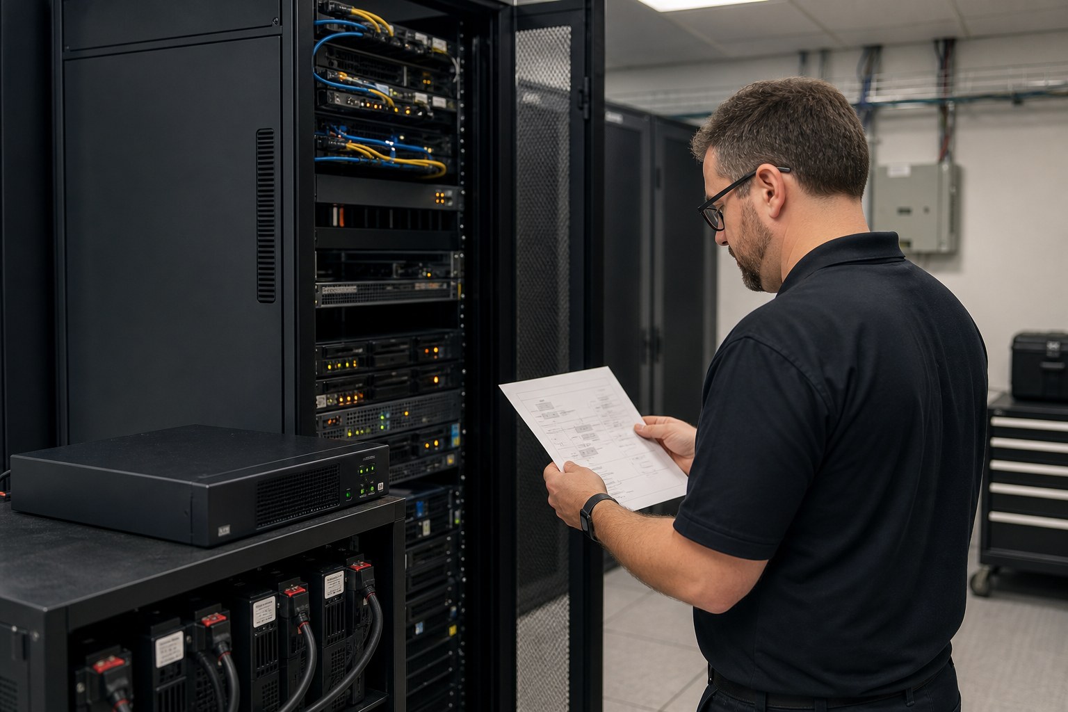 Technician reviewing a continuity plan in an organized server room