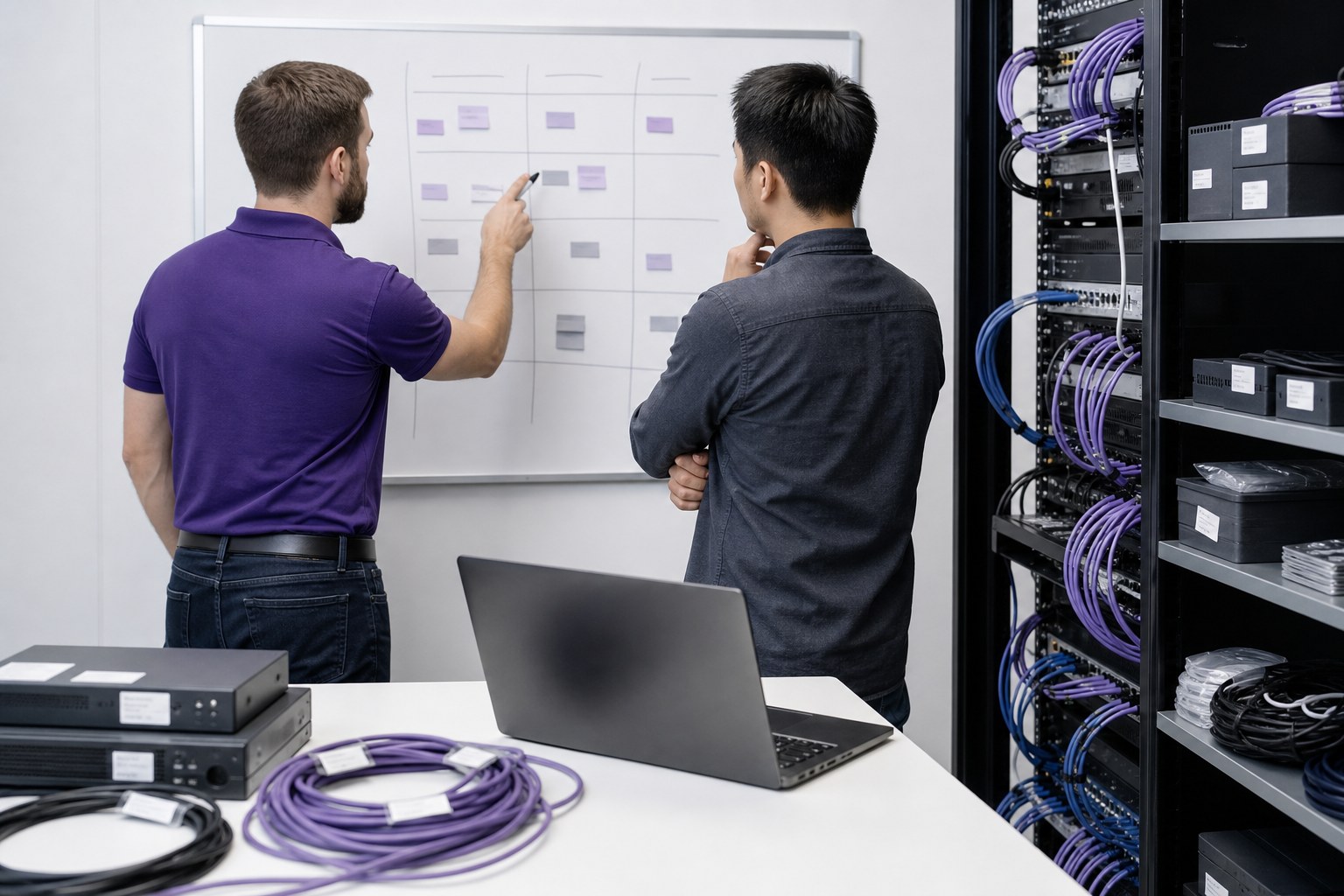 Two IT professionals planning a technology transition beside network equipment