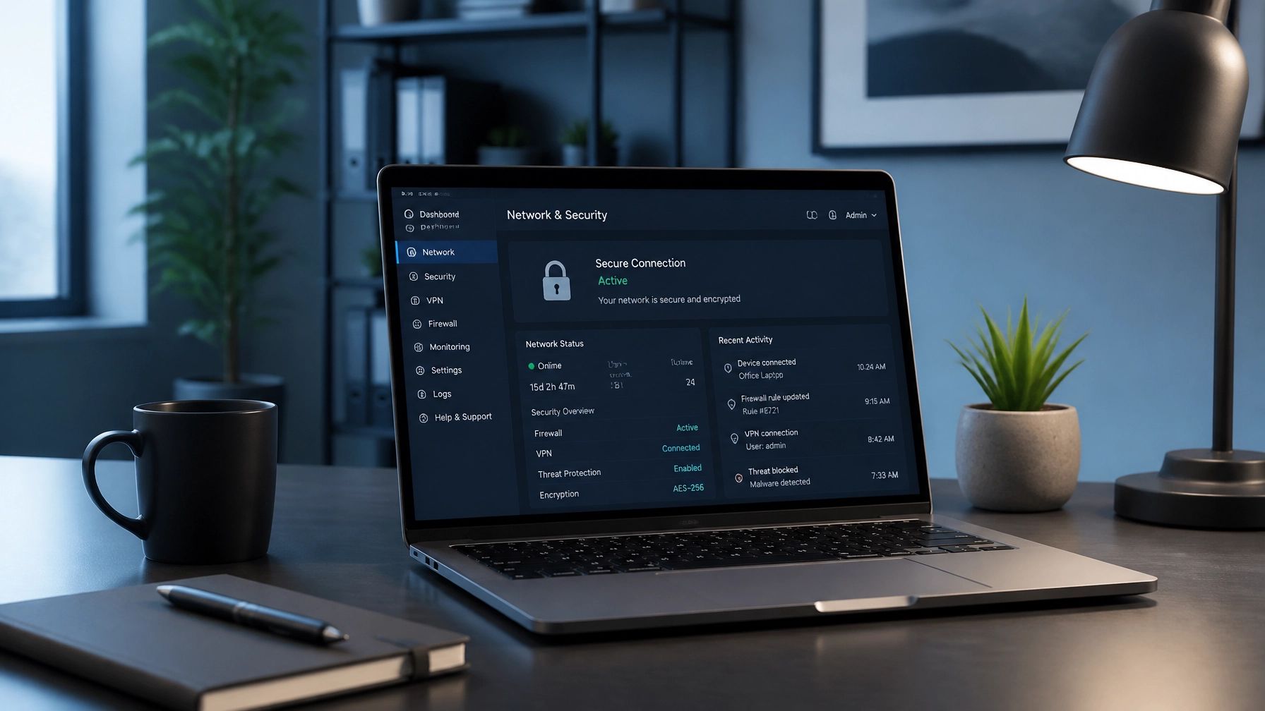Laptop showing a network security dashboard in a home office