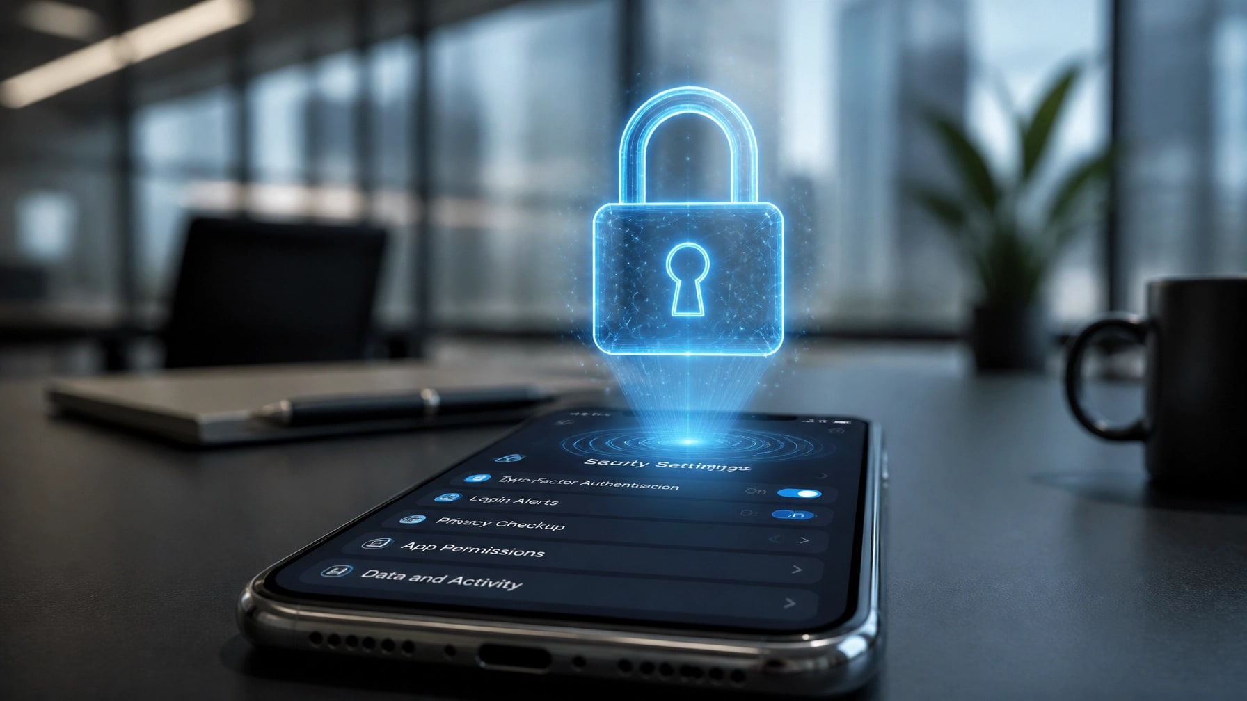 Smartphone security settings beneath an illuminated padlock