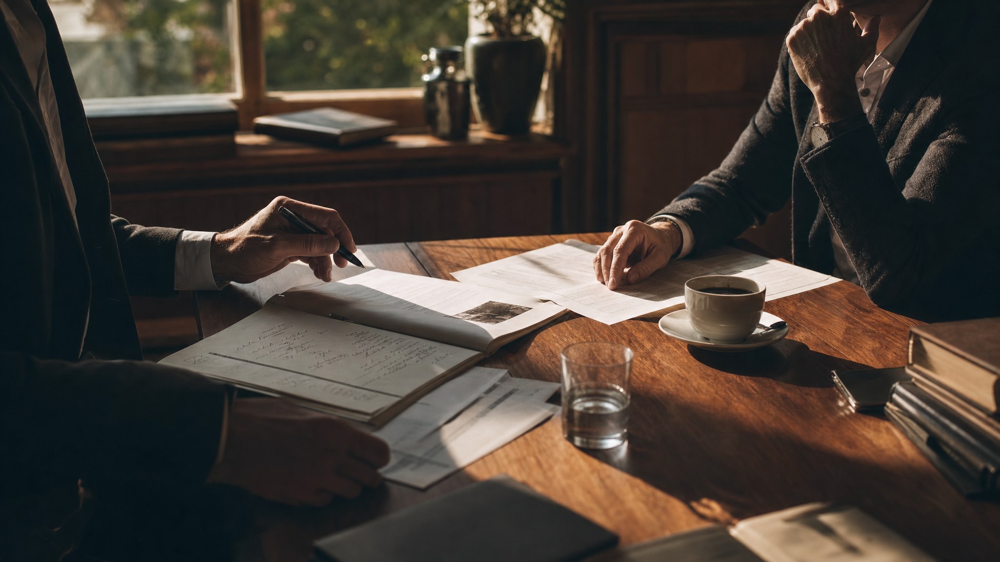 Investors reviewing documents and handwritten notes