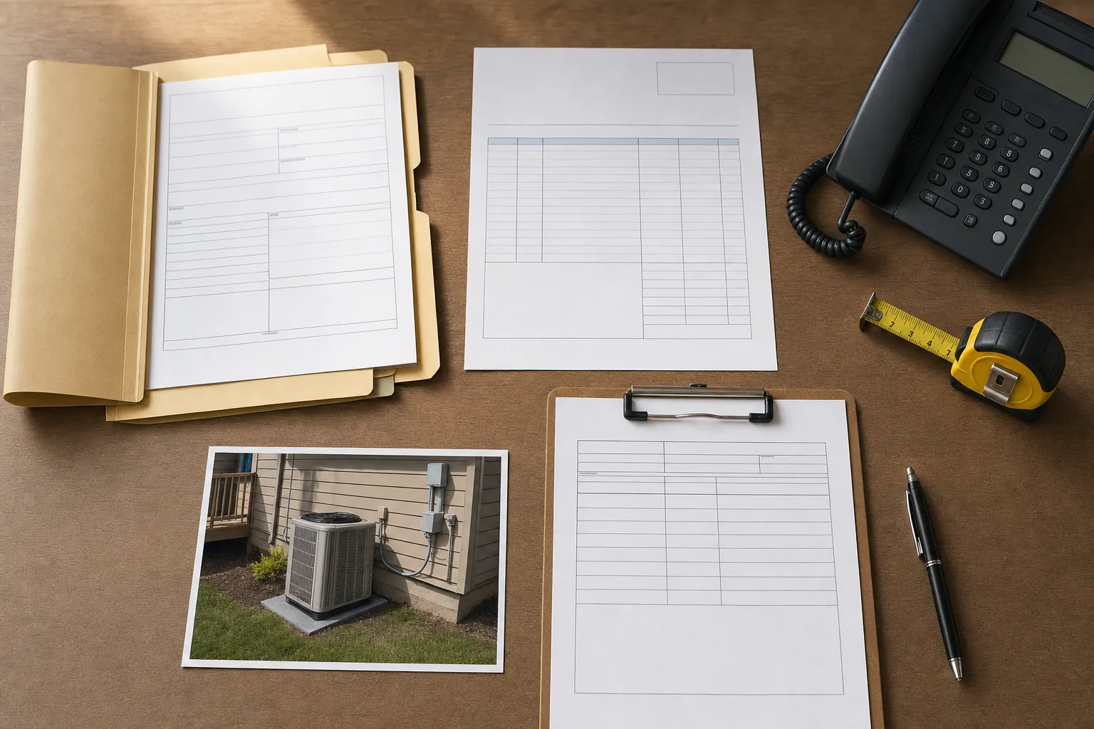 Job folder, invoice forms, work order, phone, measuring tape, and site photo arranged on a desk