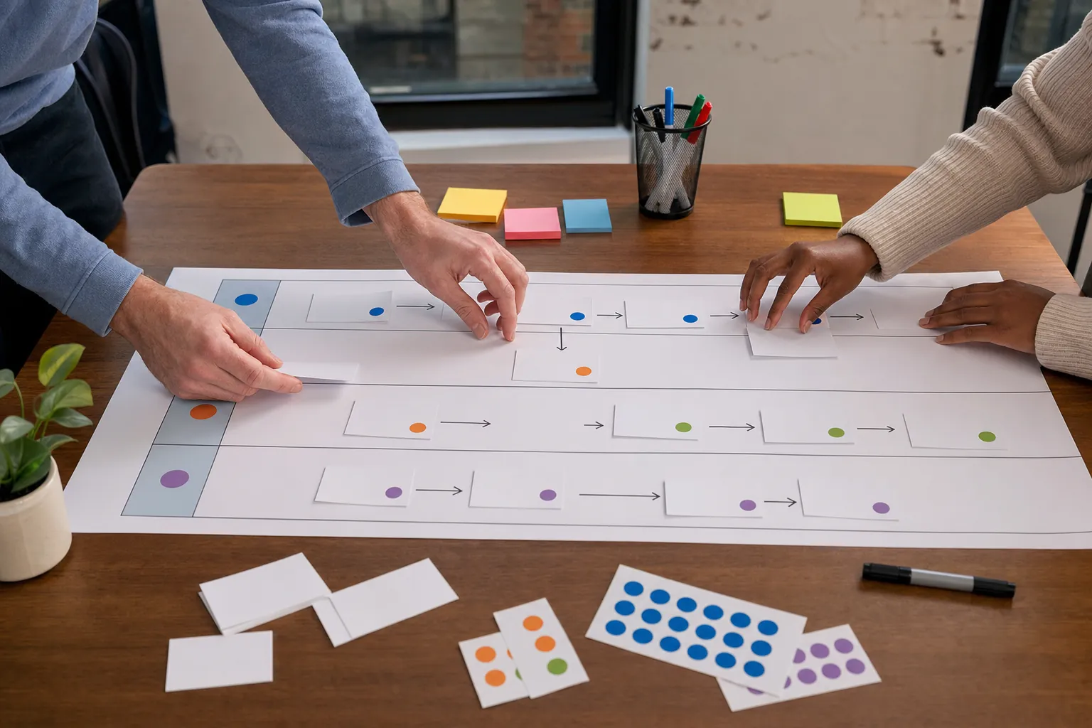 Two colleagues arranging blank workflow cards in horizontal swimlanes