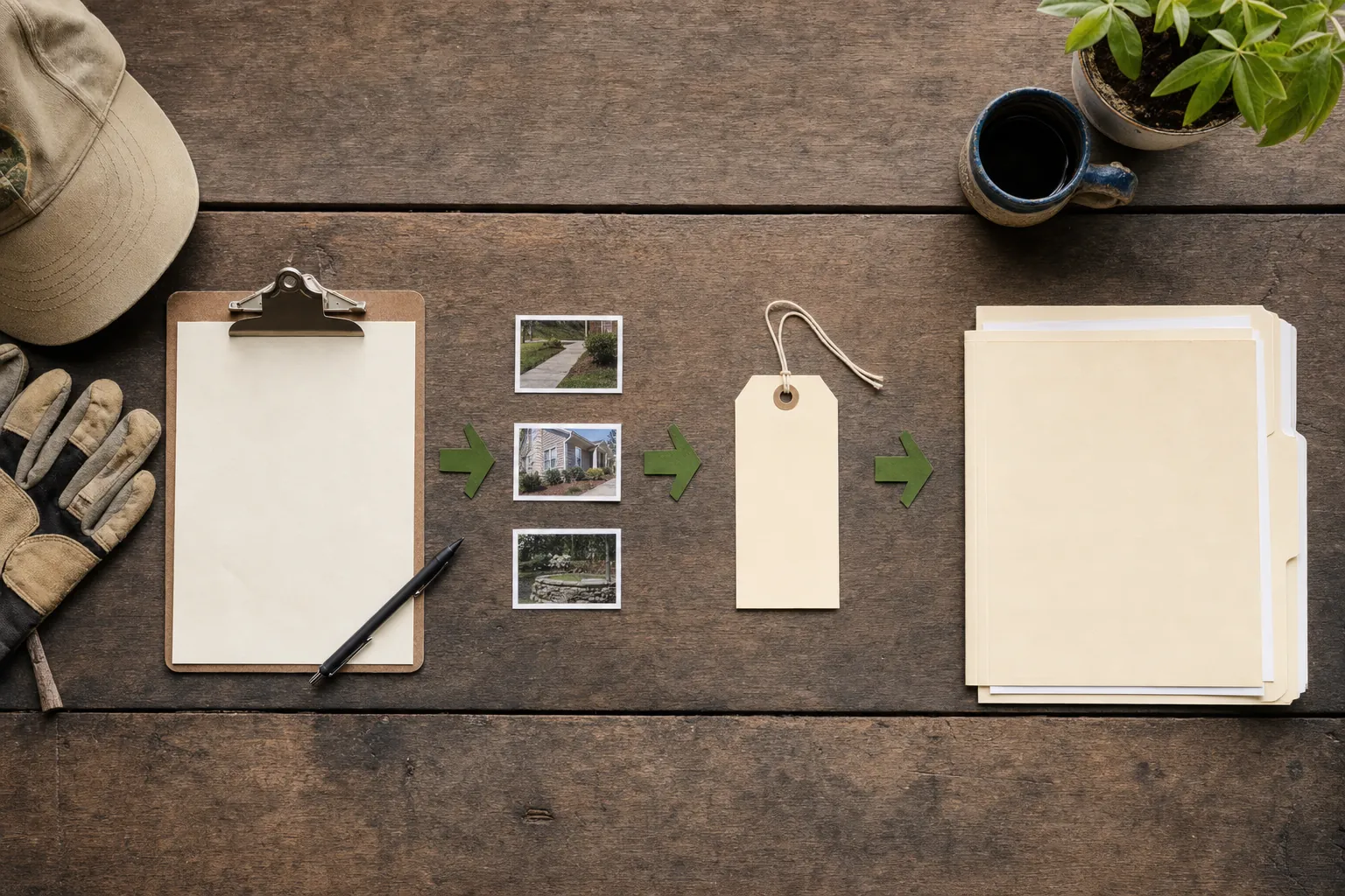 Clipboard, job photos, tag, and file folder arranged as a field-to-office workflow