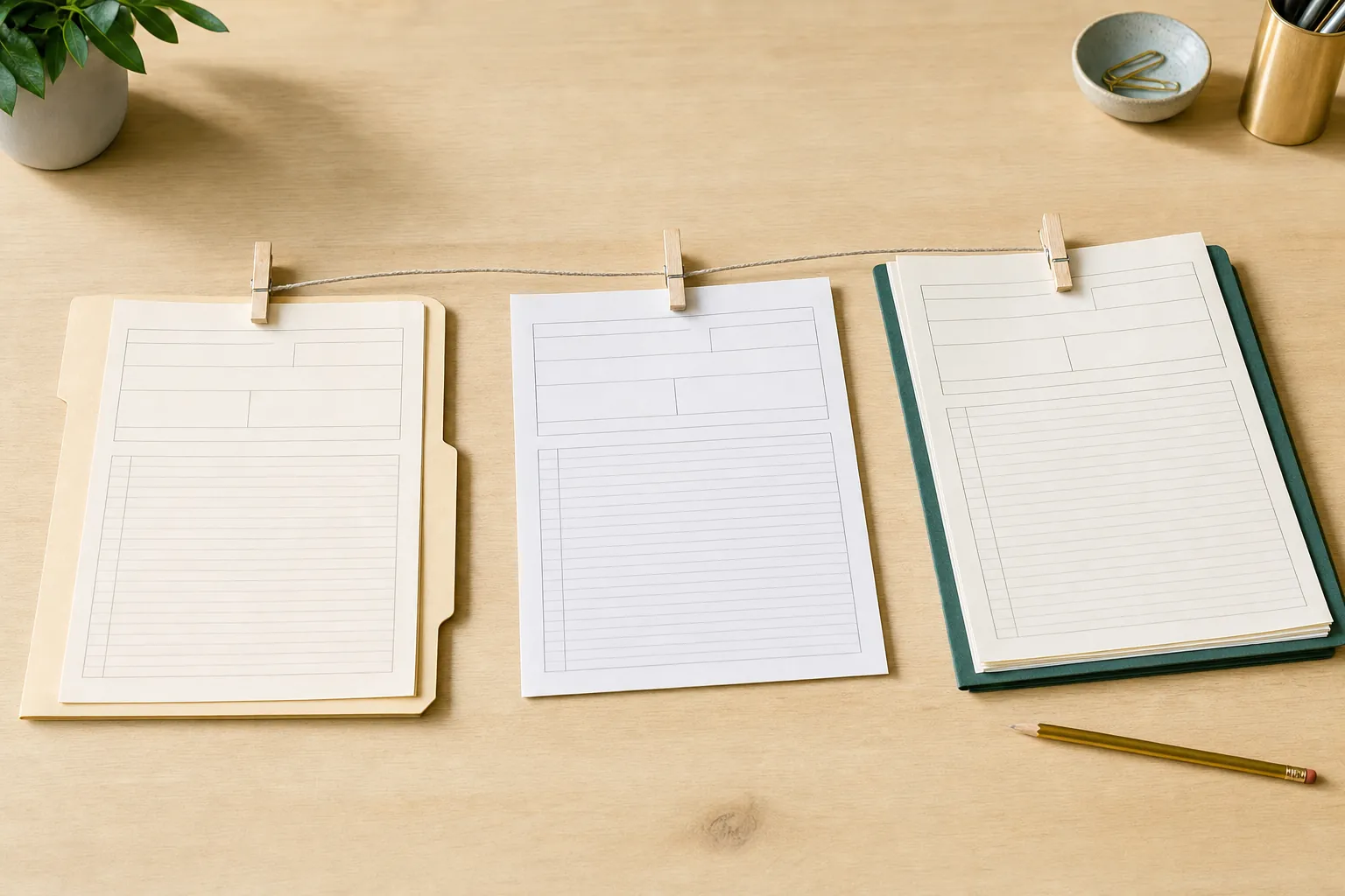 Three blank work documents arranged in a sequence to represent an office handoff