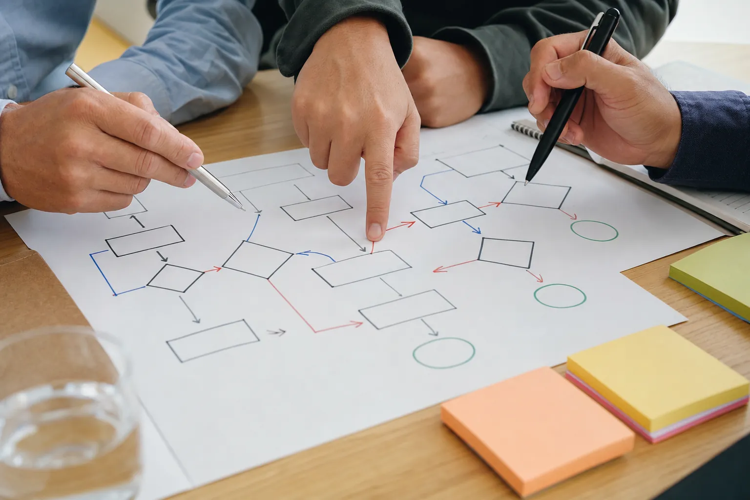 Three people pointing to a workflow diagram while discussing a handoff