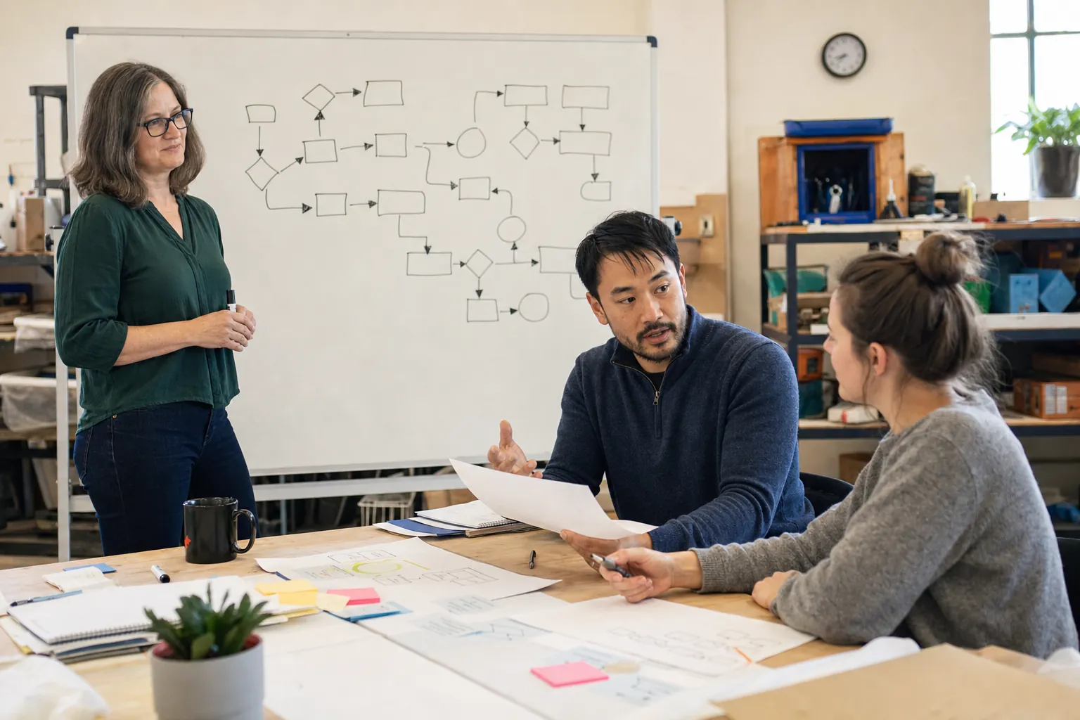 A facilitator and two team members discussing a process map in a workshop