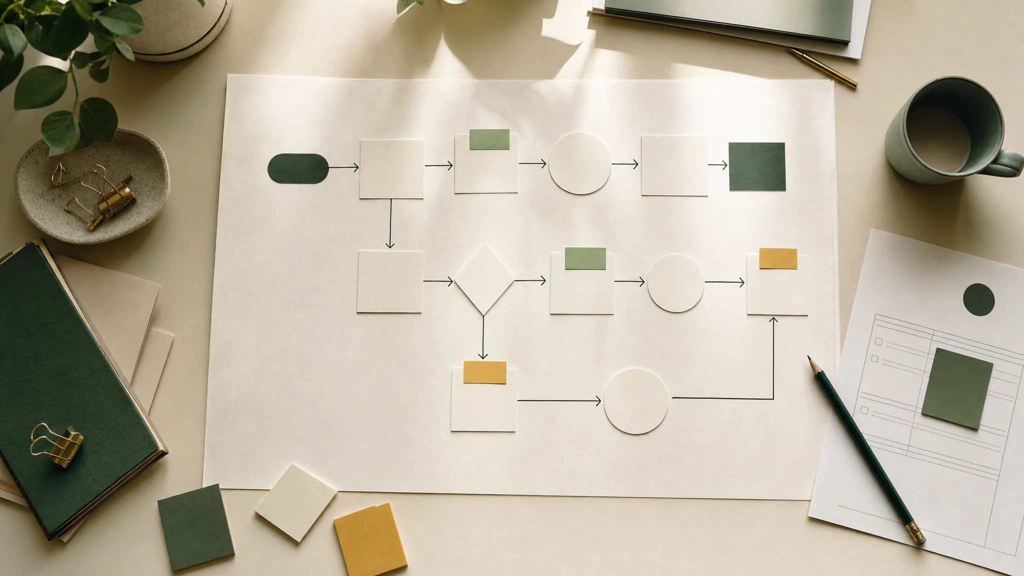 Paper process map with blank workflow shapes and arrows on a desk