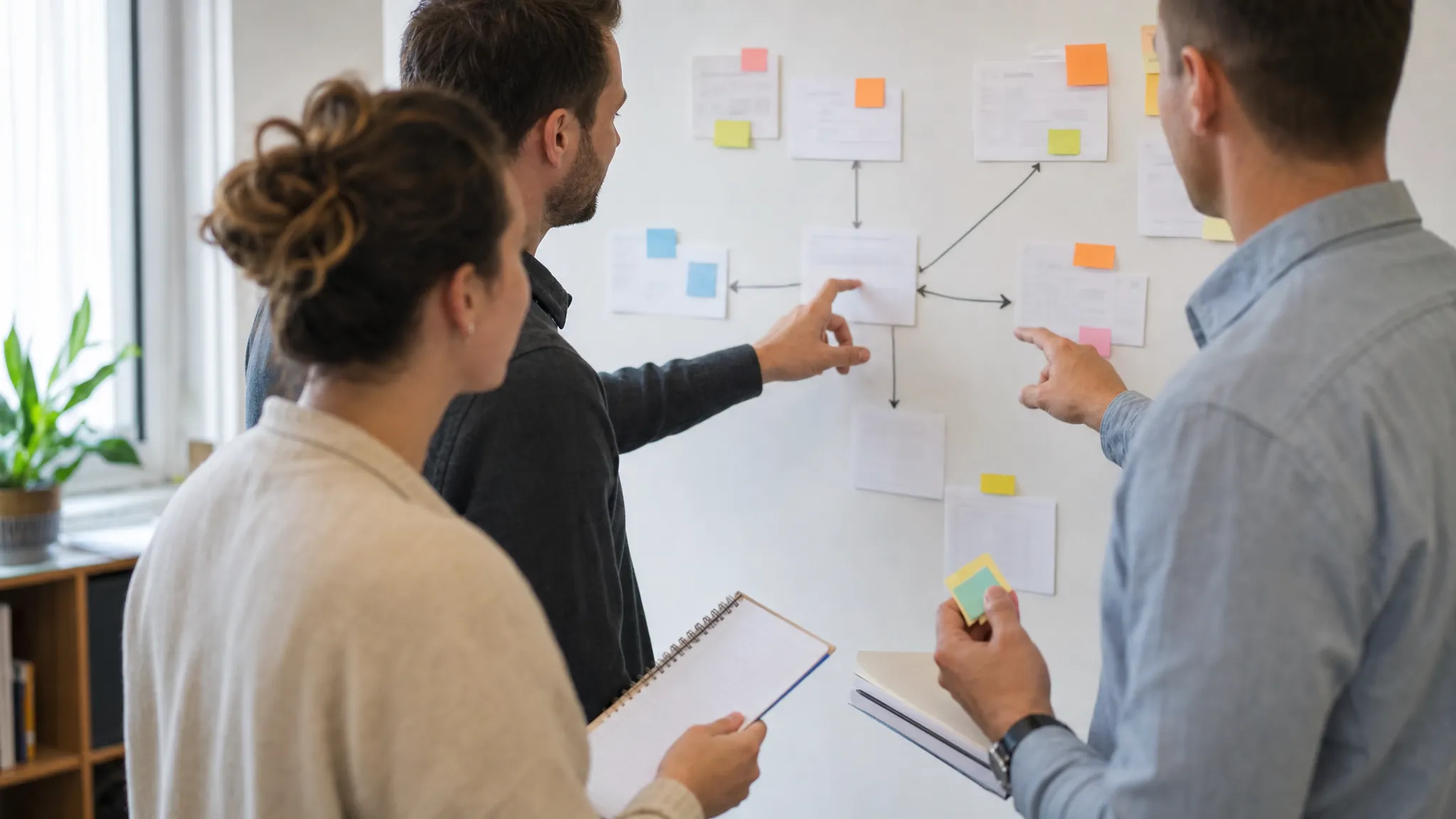 Three team members discussing an exception on a wall-based workflow map