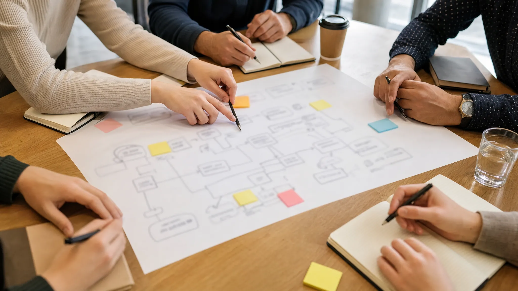 Team members reviewing a paper workflow map together