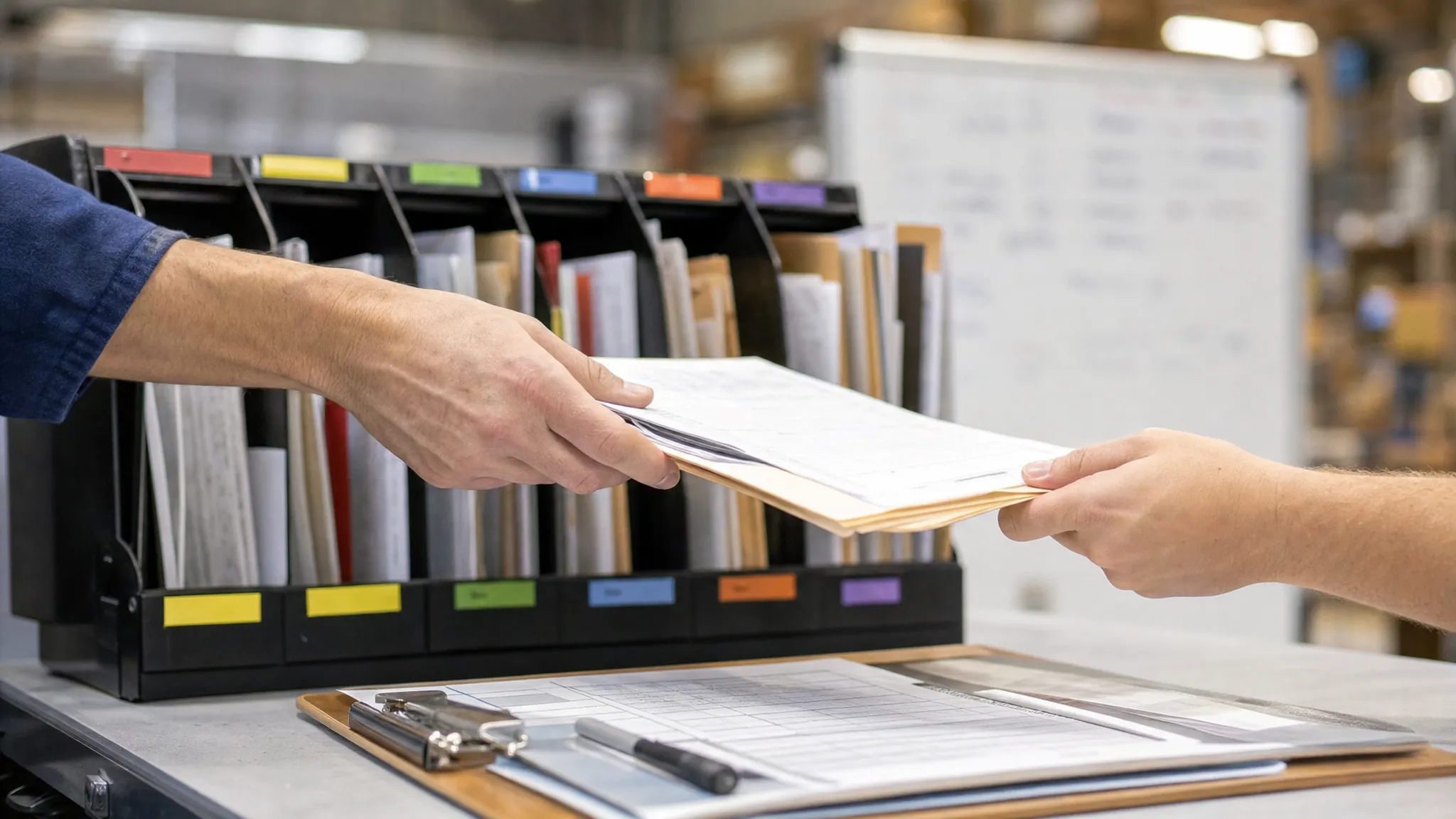 One worker handing a work packet to another at an operations station