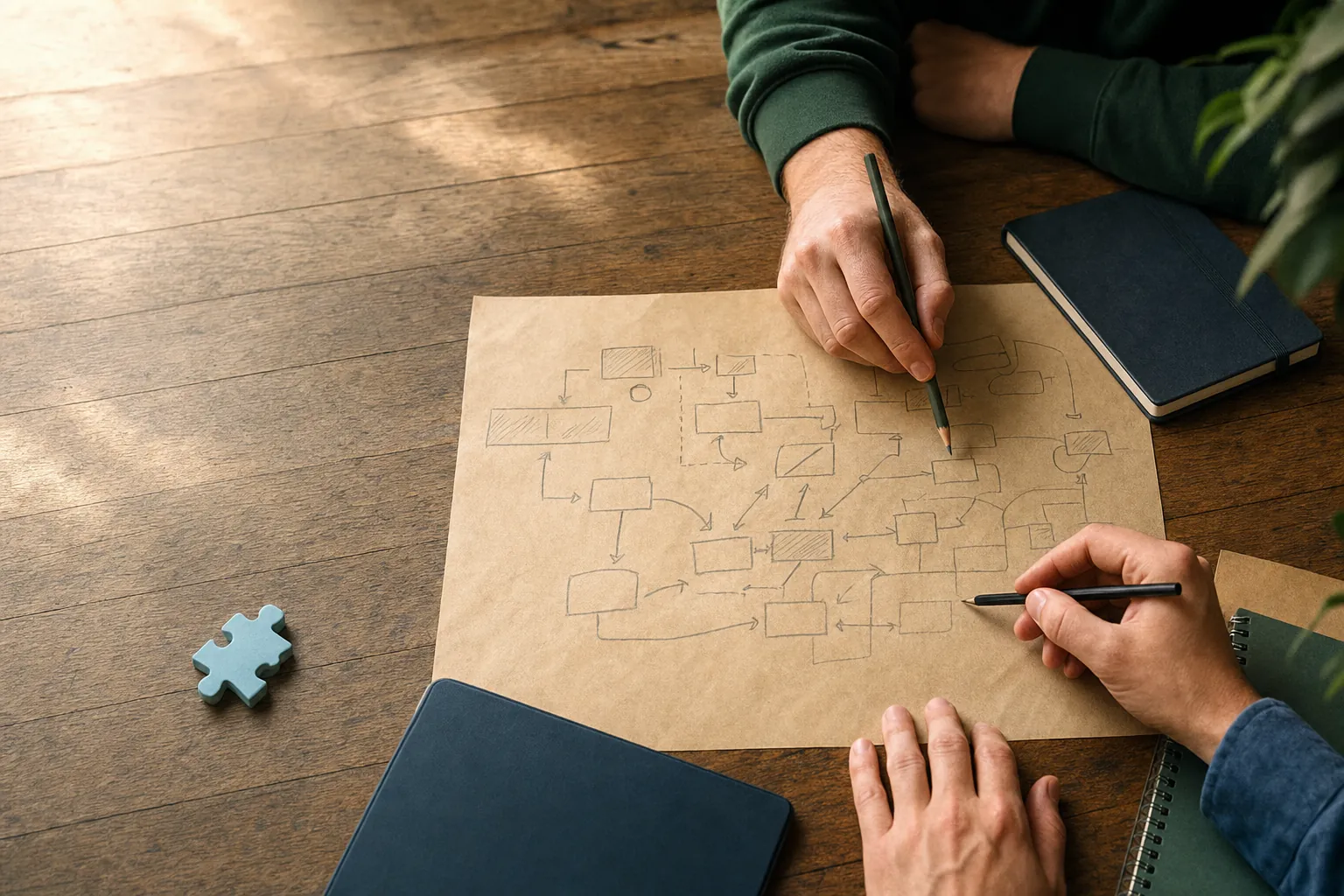 Hands mapping a workflow together on paper