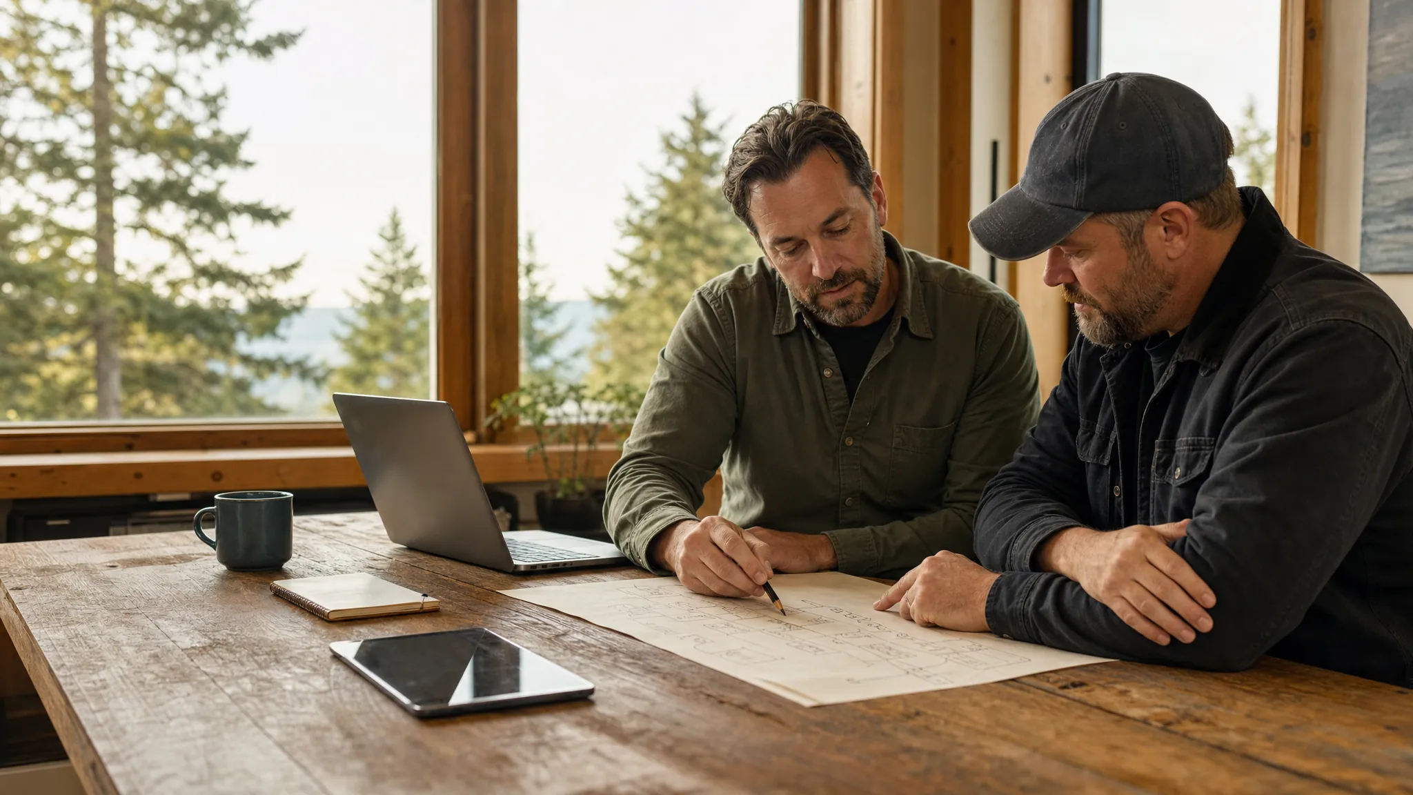 Two people mapping a service-business workflow during a working session
