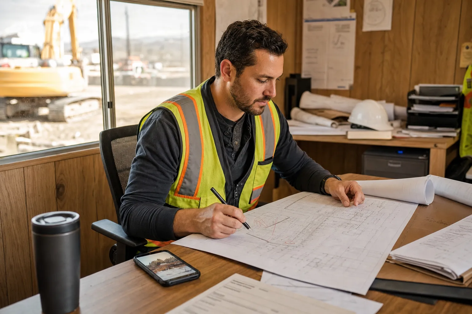 Construction project coordinator reviewing marked drawings and a jobsite photo in a field office