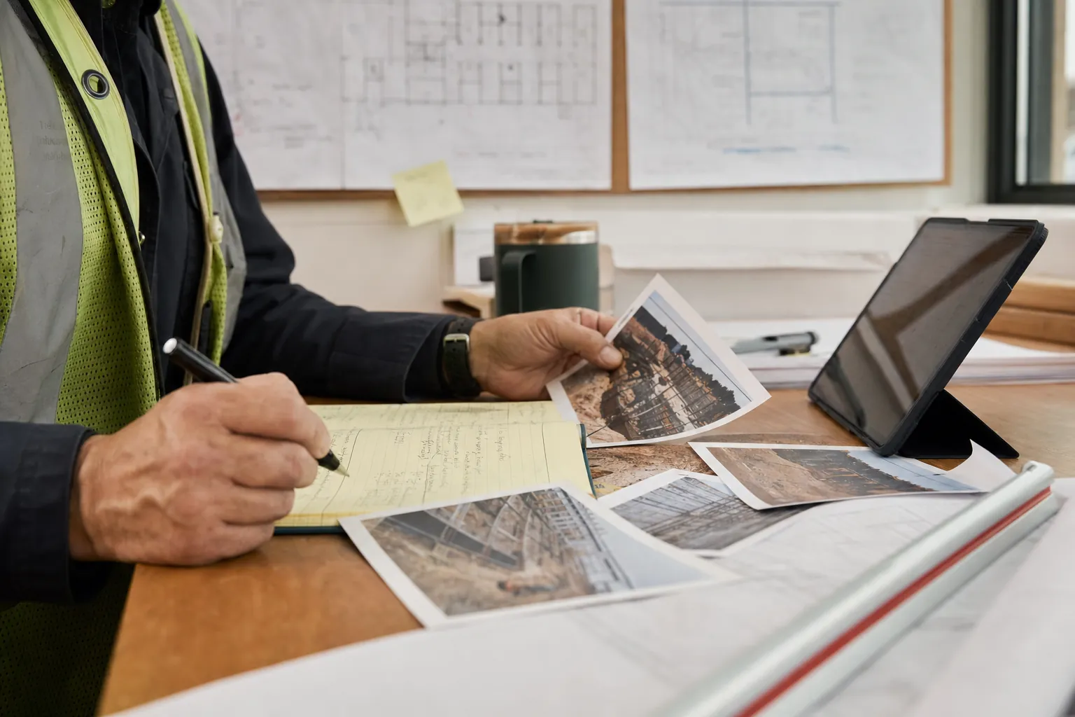 Construction manager reviewing site photos and daily notes at an office desk
