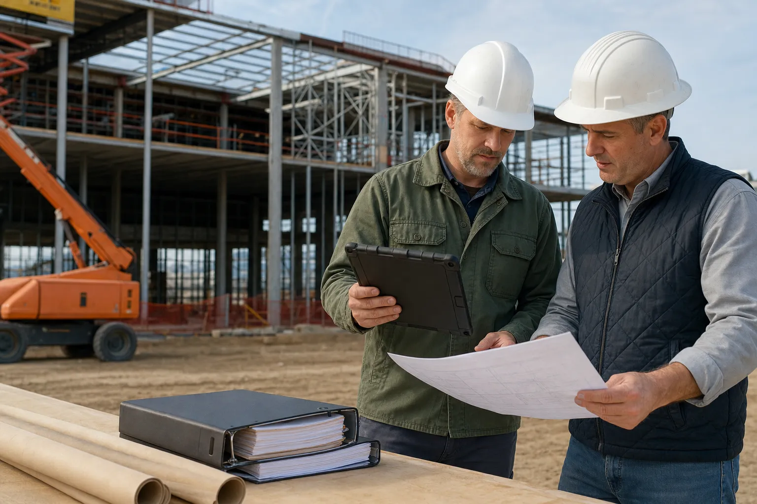 Construction leaders reviewing a tablet and site plan at an active jobsite