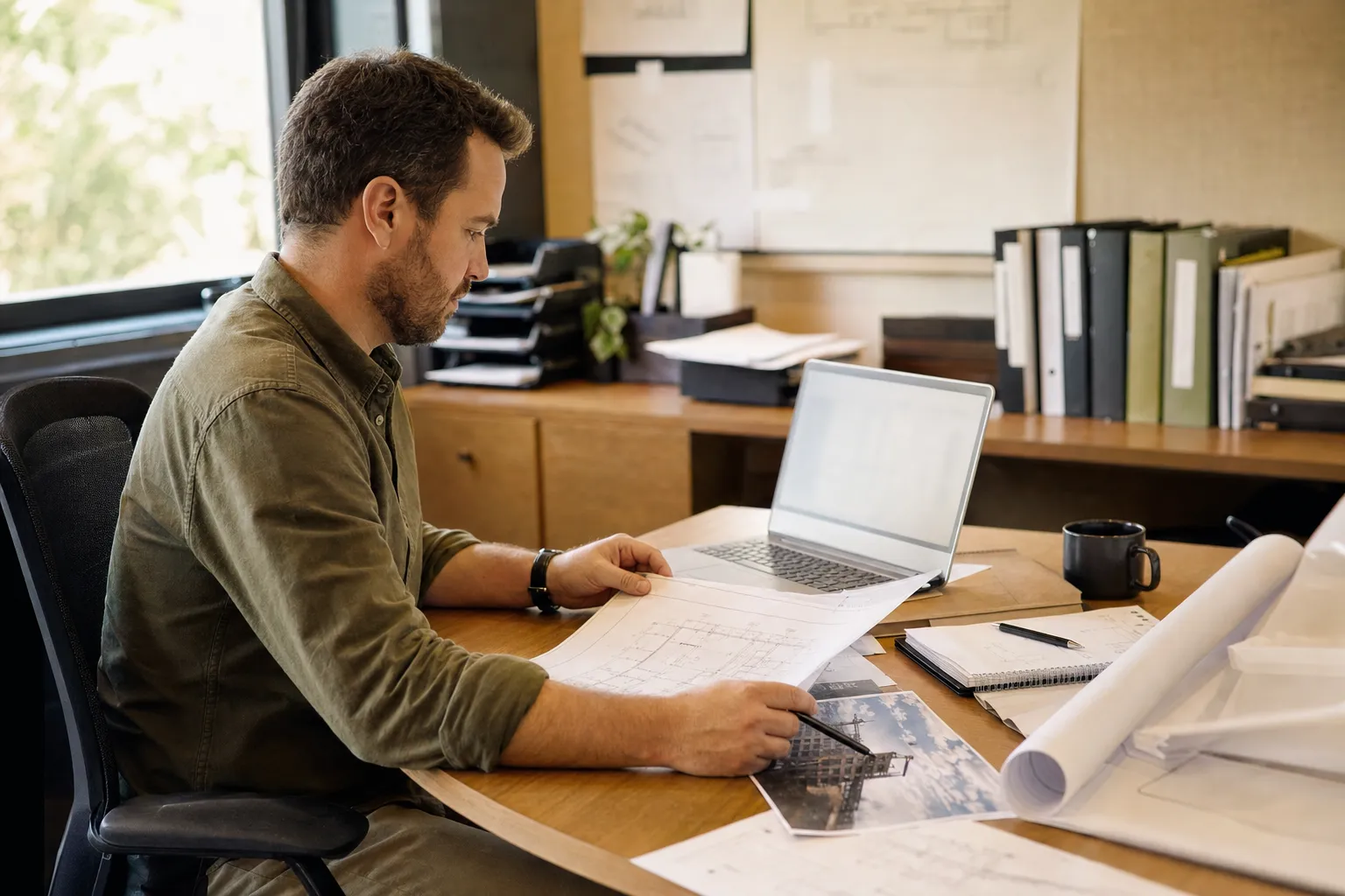 Construction project coordinator reviewing plans and job records in an office