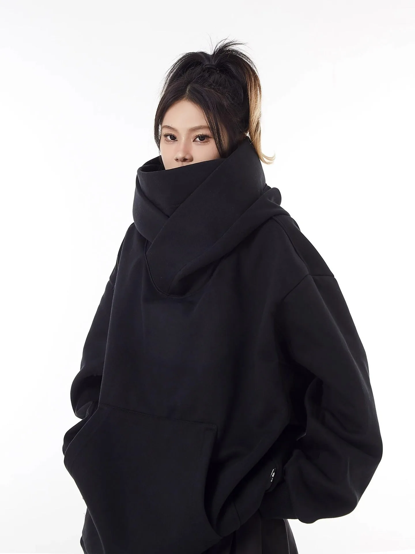 Loose High Collar Fleece Lined Hoodie view 2