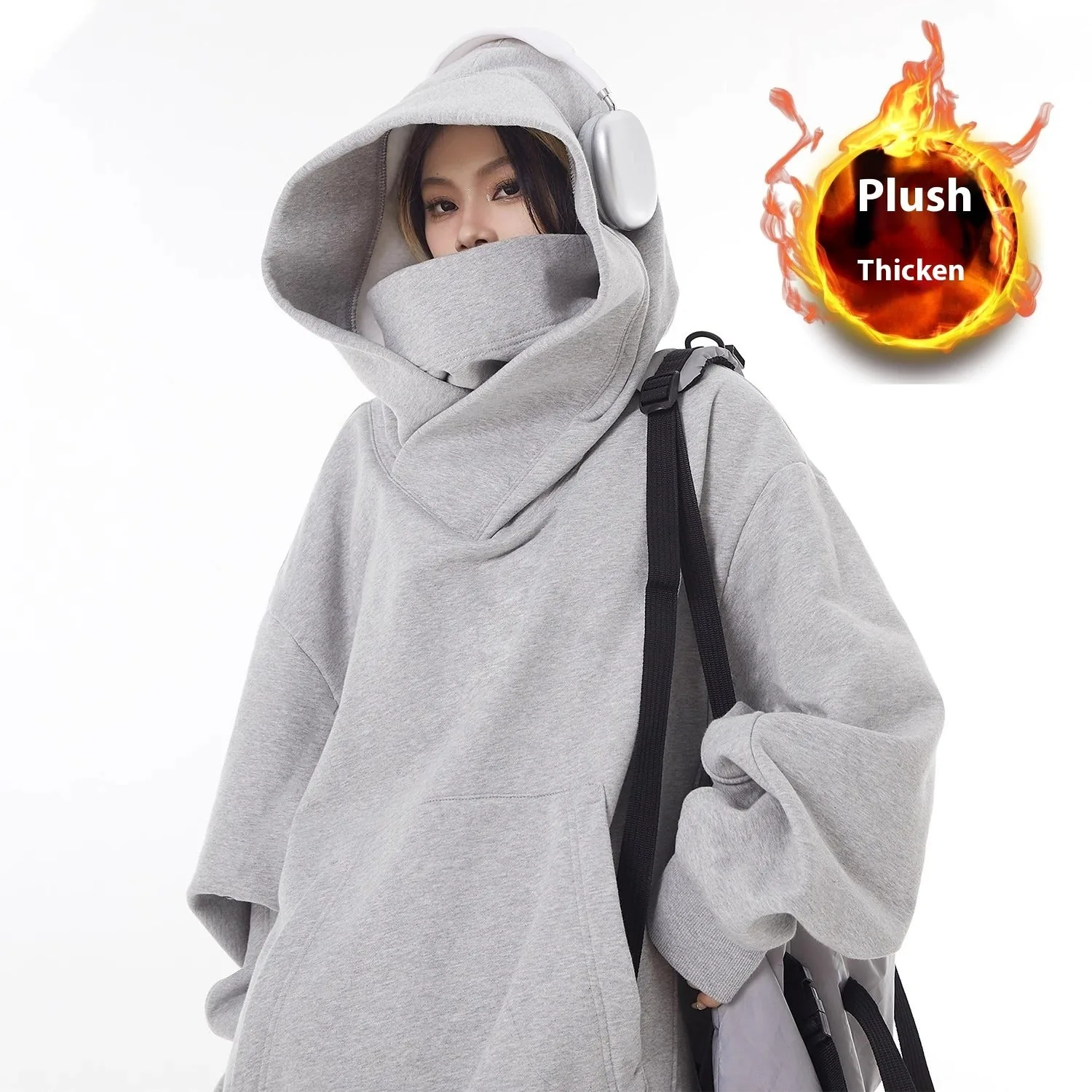Loose High Collar Fleece Lined Hoodie view 3