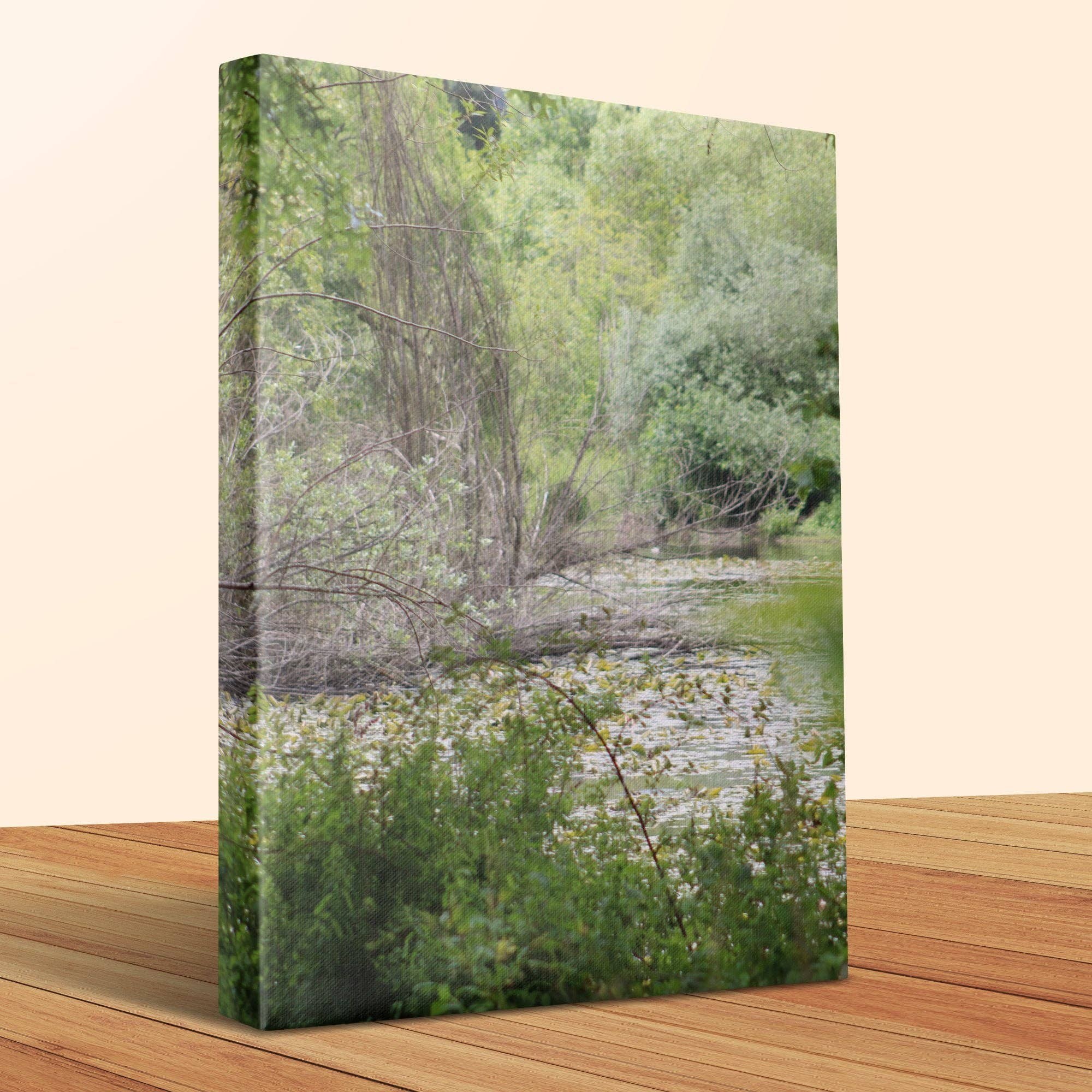 Serene Lakeside Canvas Wrap, Green Forest Pond Art, Peaceful Landscape, Nature Lover Gift, Customizable Wall Decor, Forest