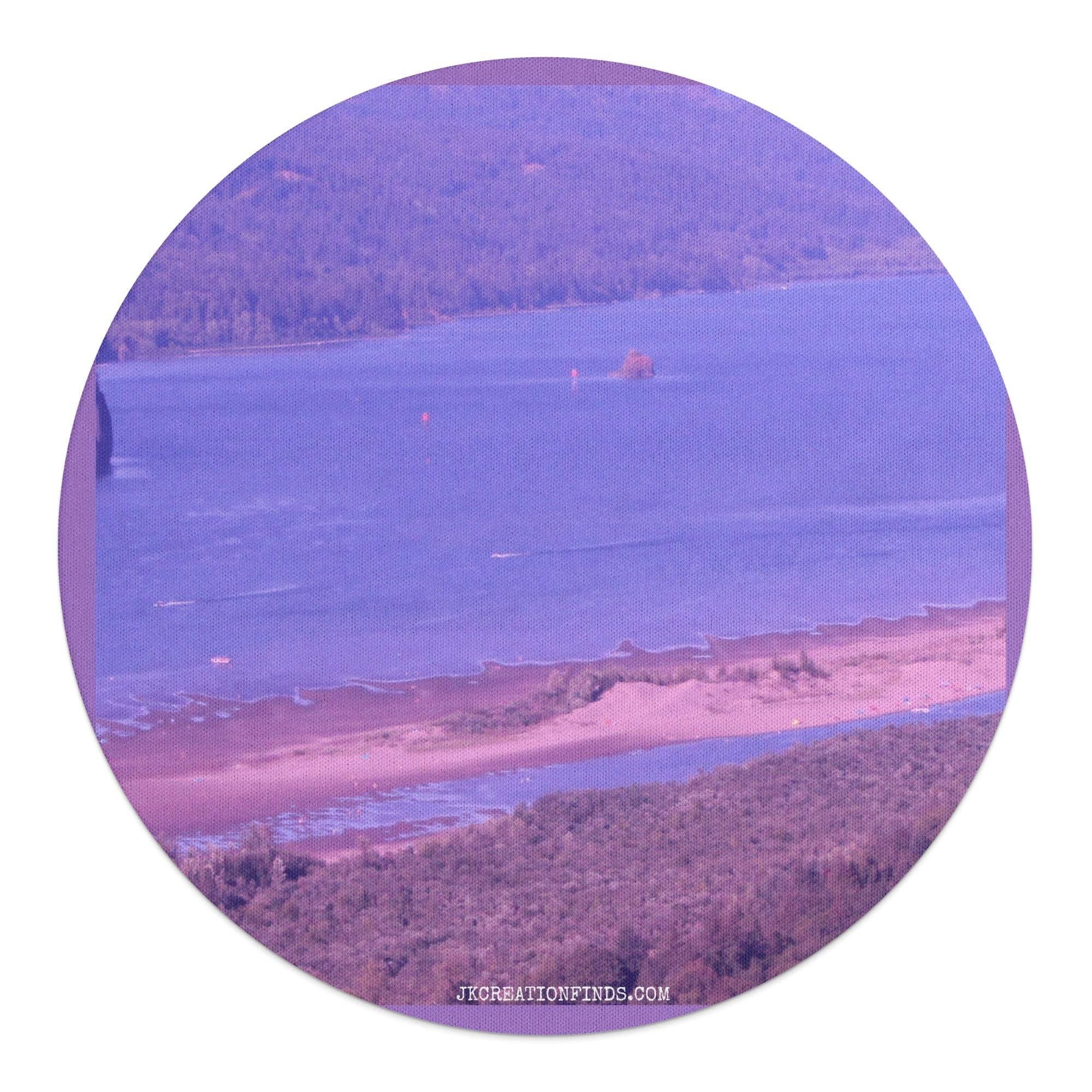 Scenic landscape mouse pad, Purple hue nature mouse pad, Round mouse pad with tranquil mountain view, Unique desk accessory