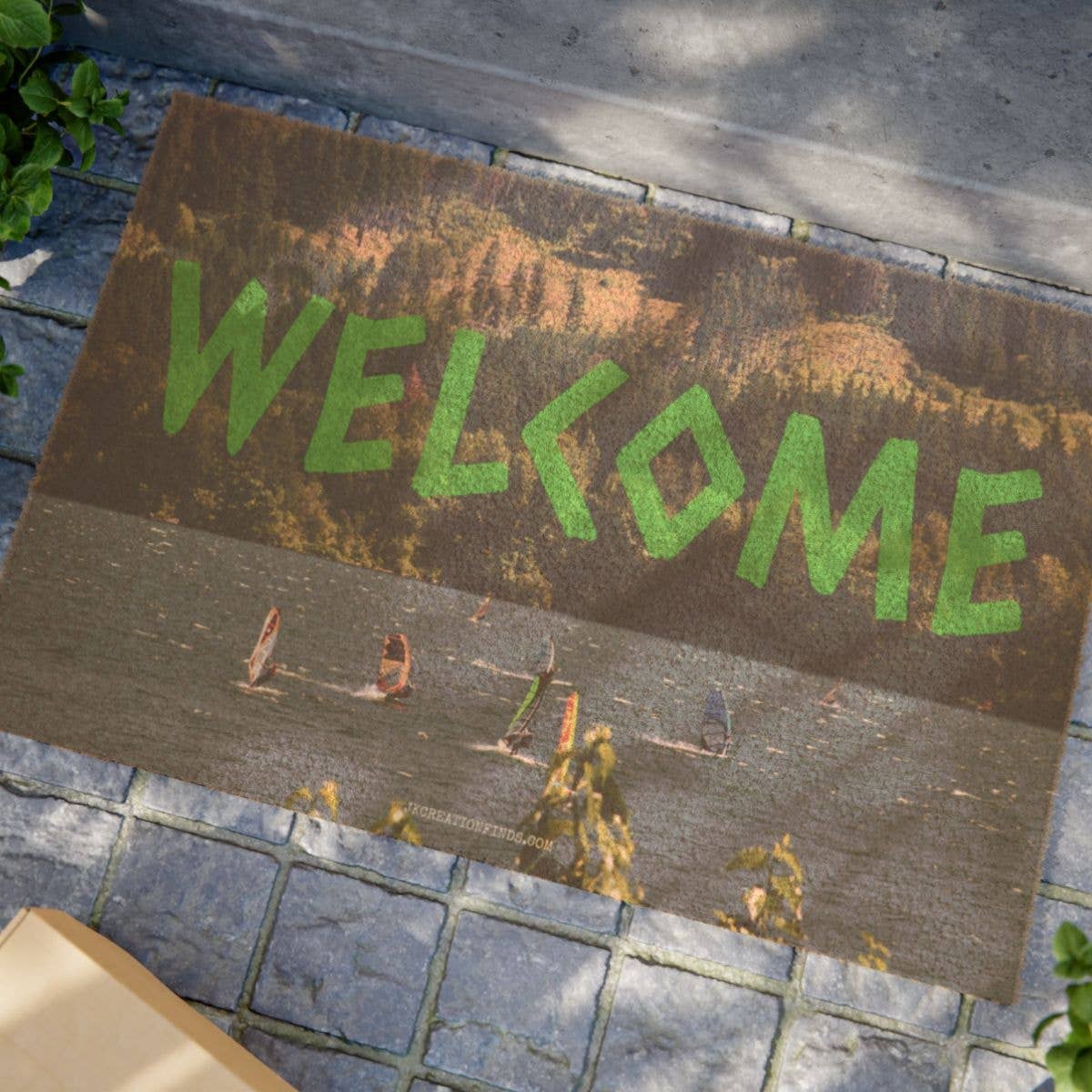 Welcome Windsurfing Doormat, Scenic Lake Mountain View, Outdoor Adventure Home Decor, Green Text Entryway Mat, Nature Sports Lover Doormat