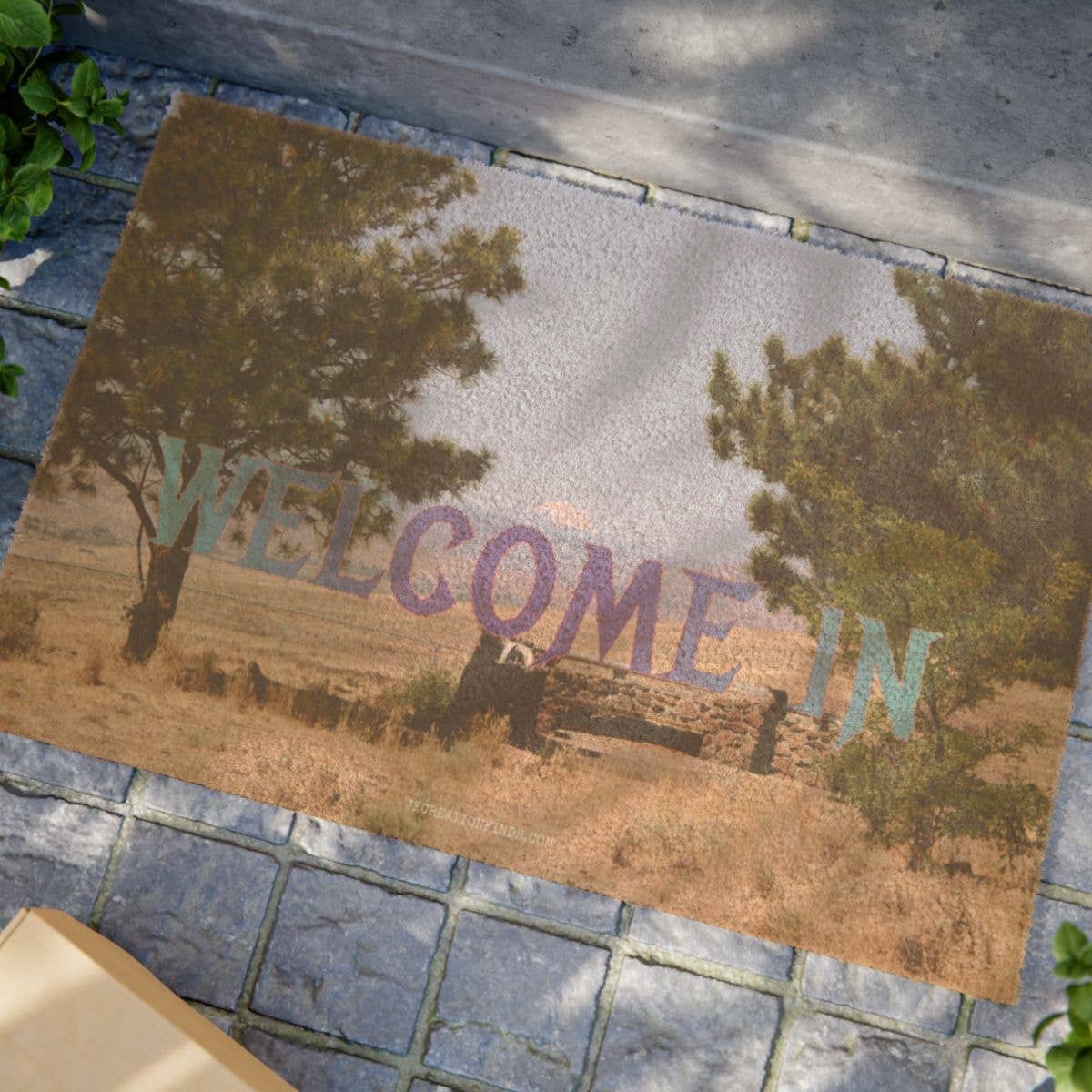 Serene Mountain View DoorMat, Rustic Landscape Welcome Mat, Pine Tree Nature Inspired Entryway, Stone Bench Outdoor Decor, Unique Scenery