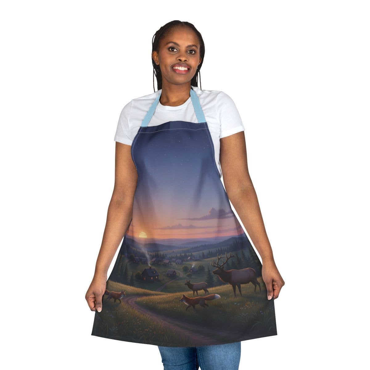 Wildlife Apron, Countryside Scene Apron, 5-Color Straps Apron (AOP), Rustic Kitchen Decor, Fox and Deer Apron, Personalized Gift Apron