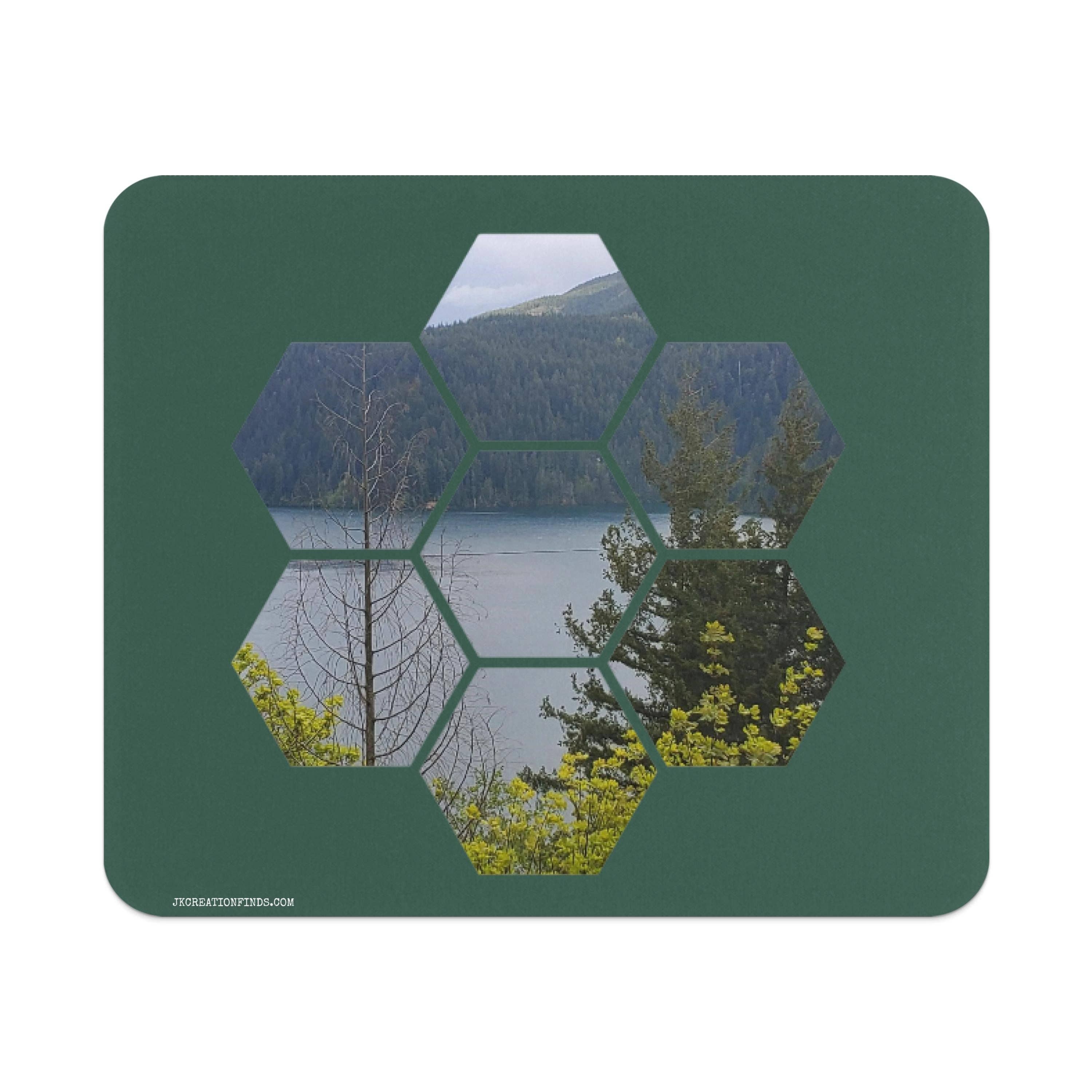 Scenic Forest and Lake Mouse Pad, Hexagon Pattern Design, Customizable Office Accessories, Personalized Gift for Nature Lovers