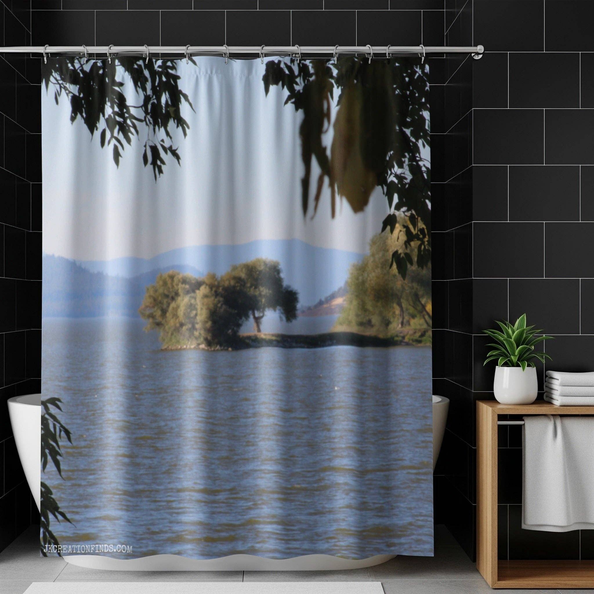 Serene Lake Shower Curtains, Island Tree Scene, Nature Inspired Bathroom Decor, Calm Waters, Mountain View, Home Decor, Refreshing Design
