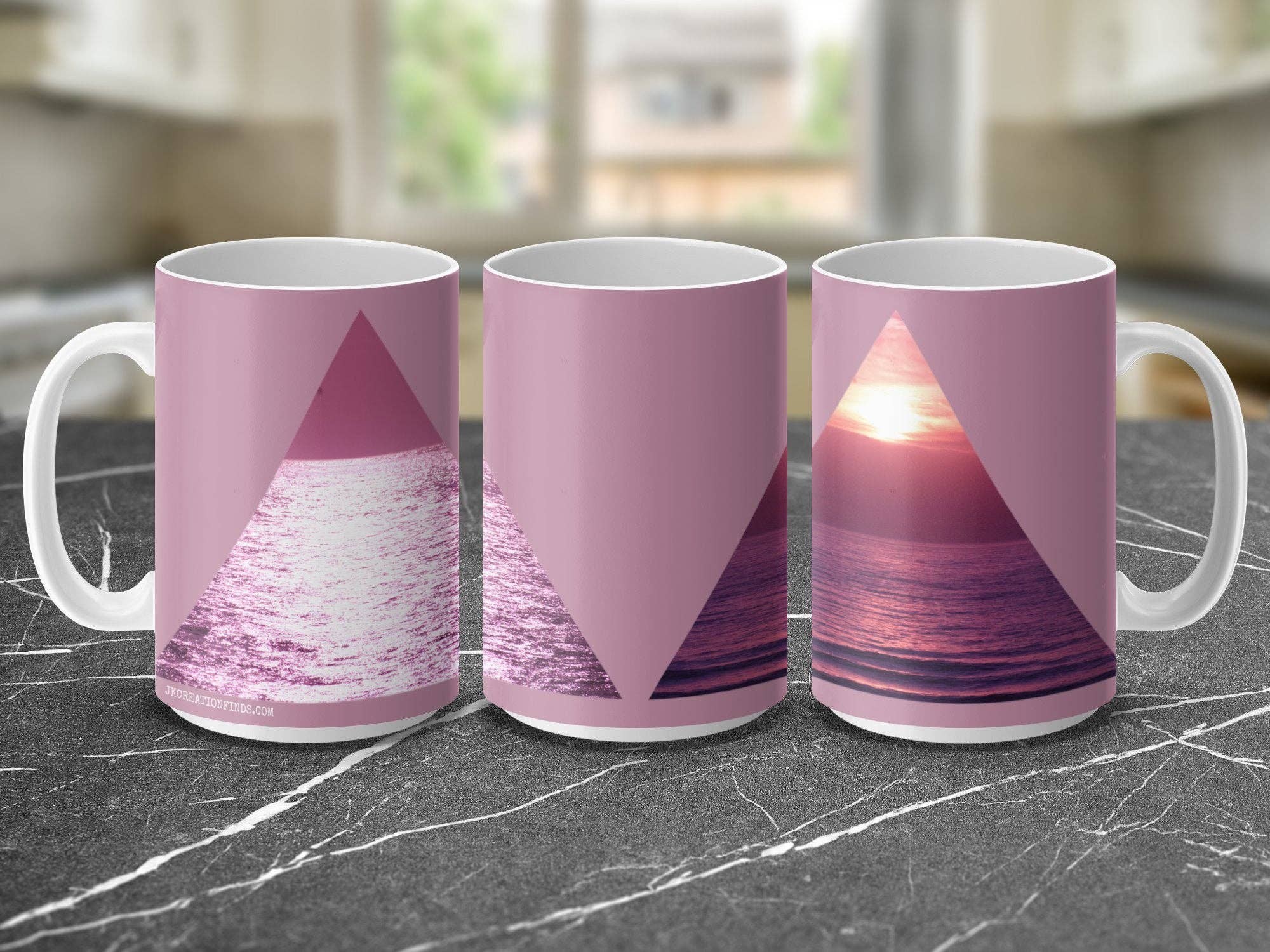 Unique Pink Sunset Mug, Triangle Design, Ocean Waves Artwork, Perfect Gift for Coffee Lovers, Customizable with Name