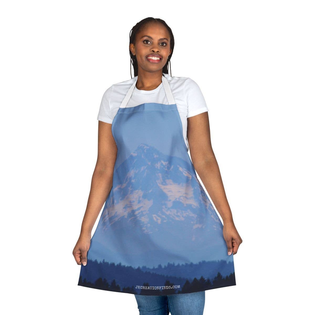 Scenic Mountain View Apron, Snow Capped Peak AOP, Blue Forest Horizon, Nature Inspired Kitchen, 5-Color Straps, Majestic Landscape