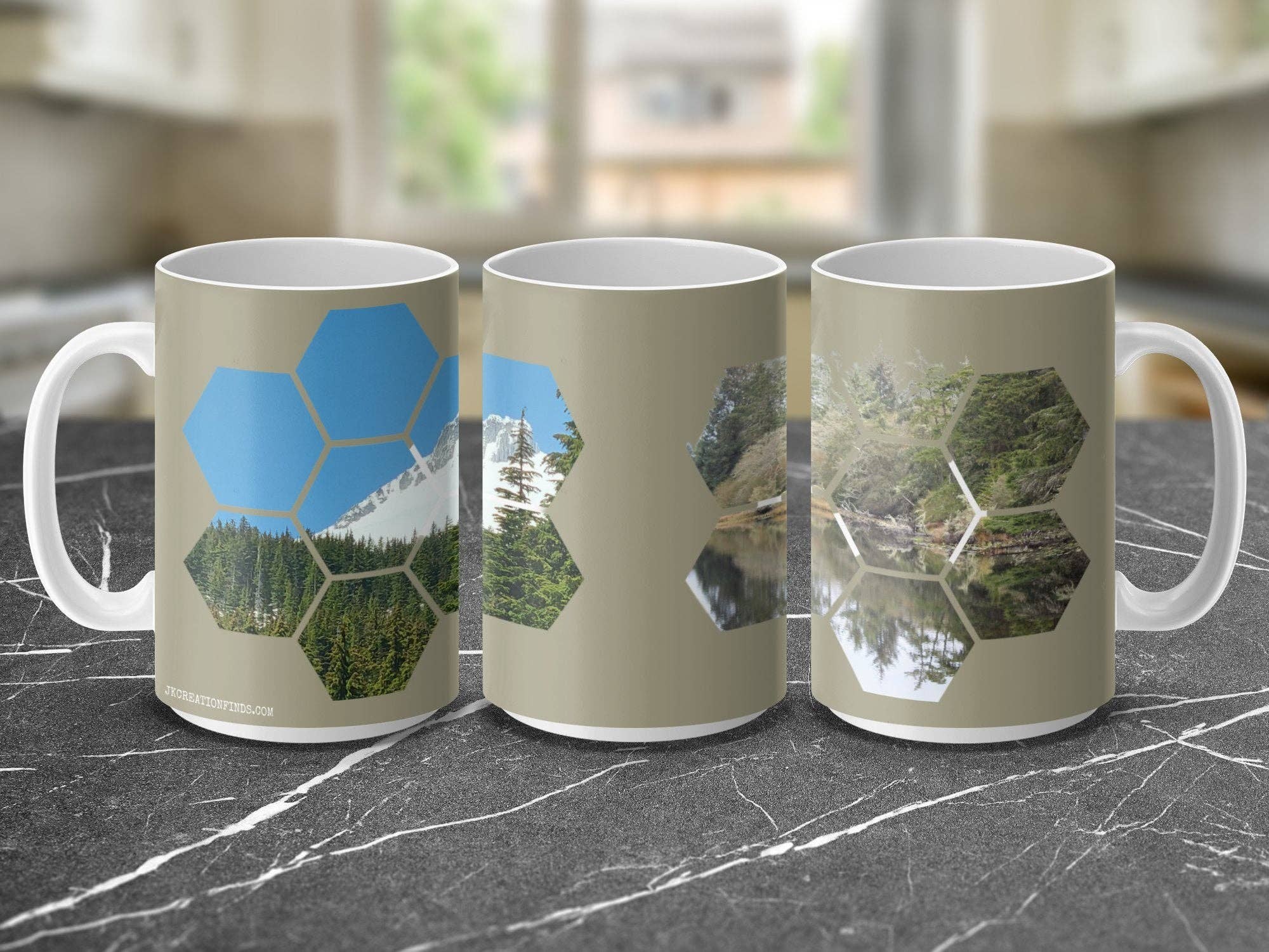 Unique Hexagon Design Mug, Customizable Mug with Stunning Nature Scenery, Personalized Gift for Coffee Lovers, Editable Name or Message